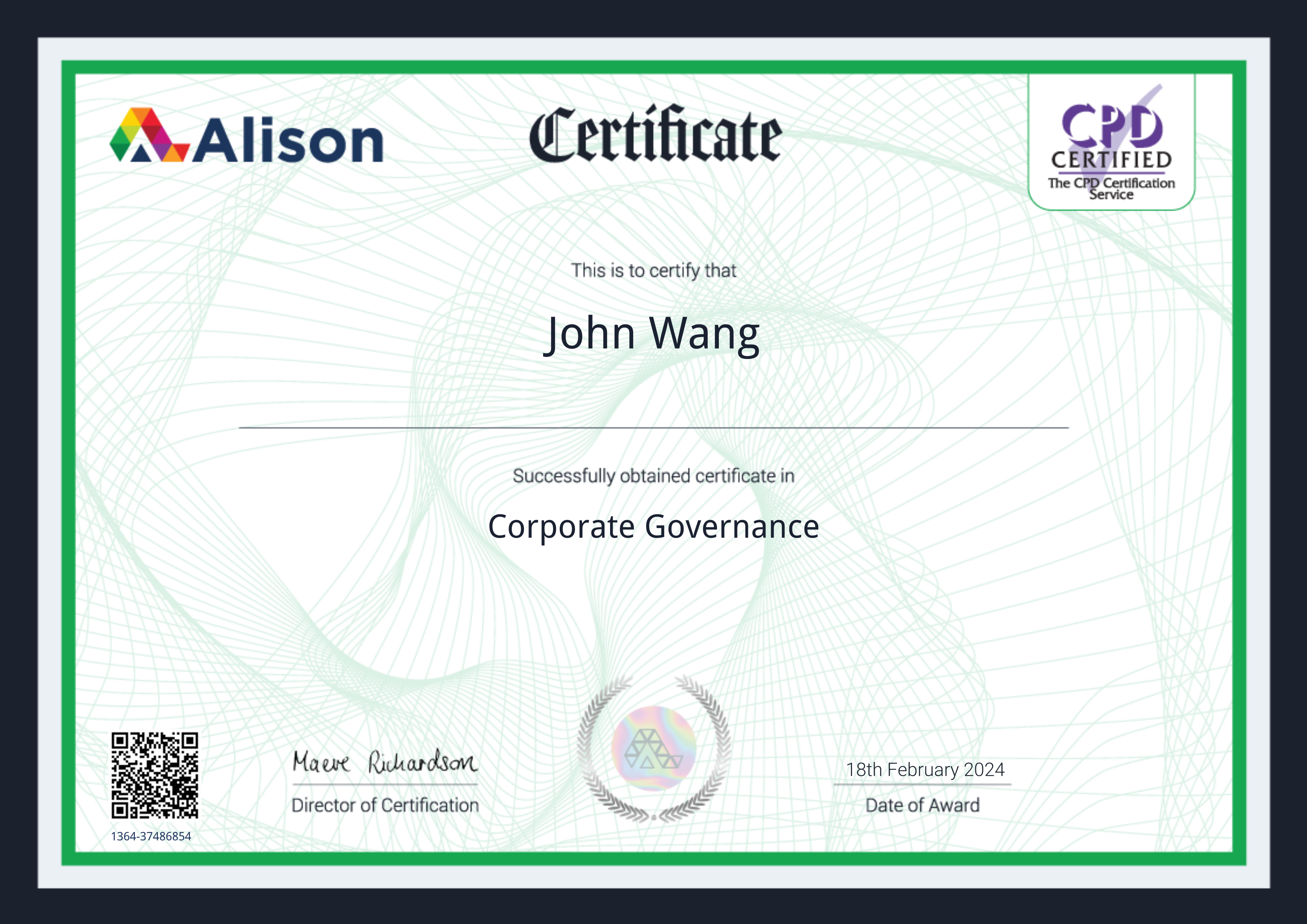 John's Corporate Governance Certificate from Alison by Robert Klonoski