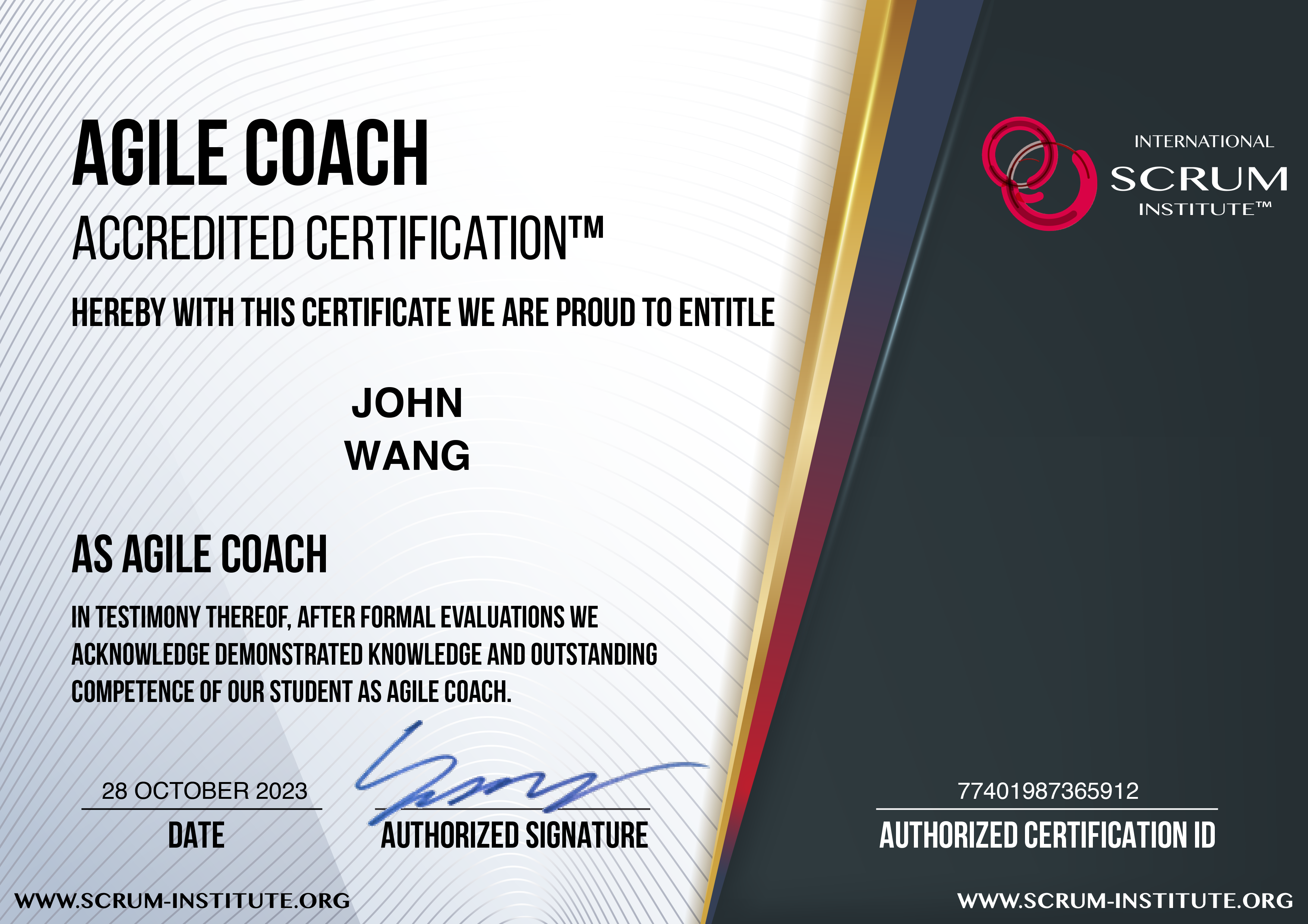 John's Agile Coach Accredited Certification (ACAC) from Scrum Institute