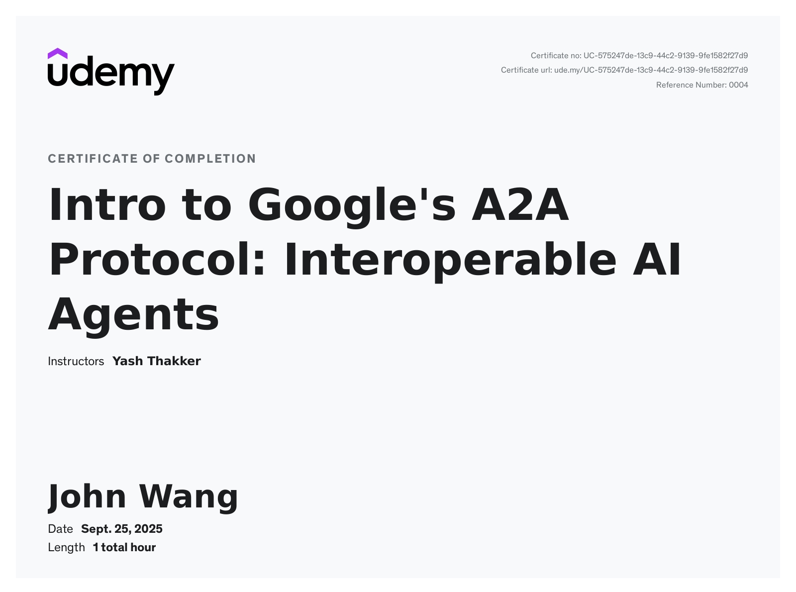 John's Intro to Google's A2A Protocol: Interoperable AI Agents from Udemy by Yash Thakker