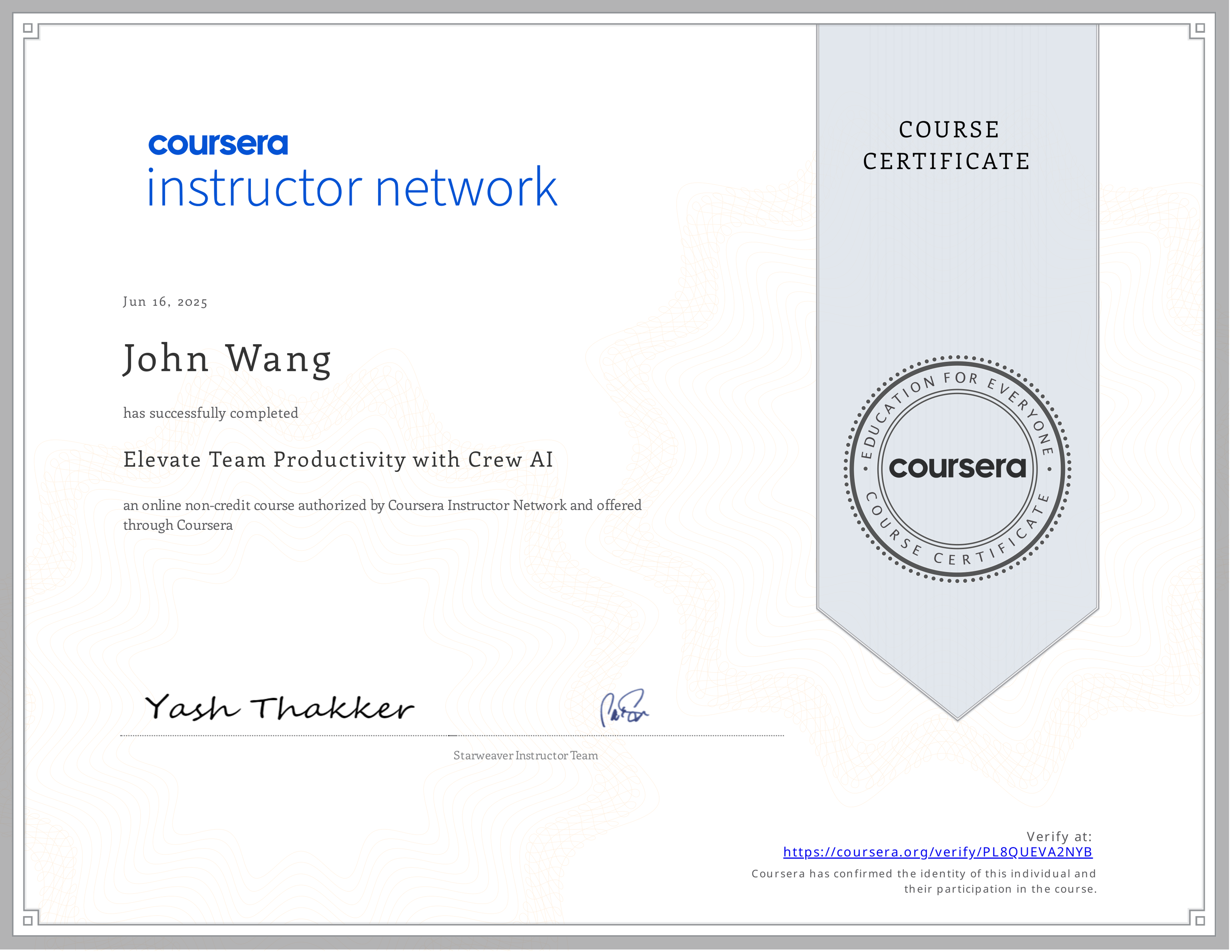 John's Elevate Team Productivity with Crew AI from Coursera by Yash Thakker
