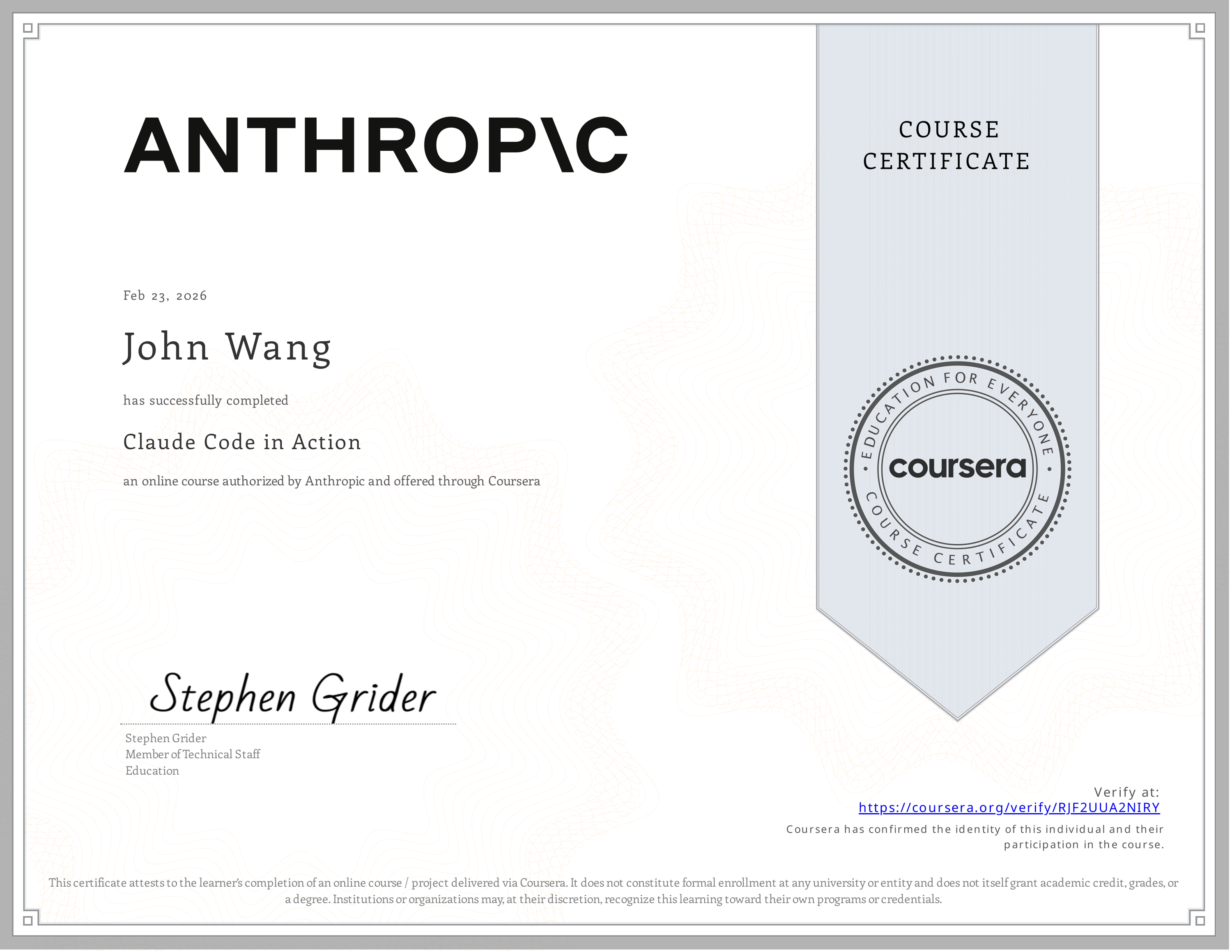 John's Claude Code in Action from Anthropic by Stephen Grider