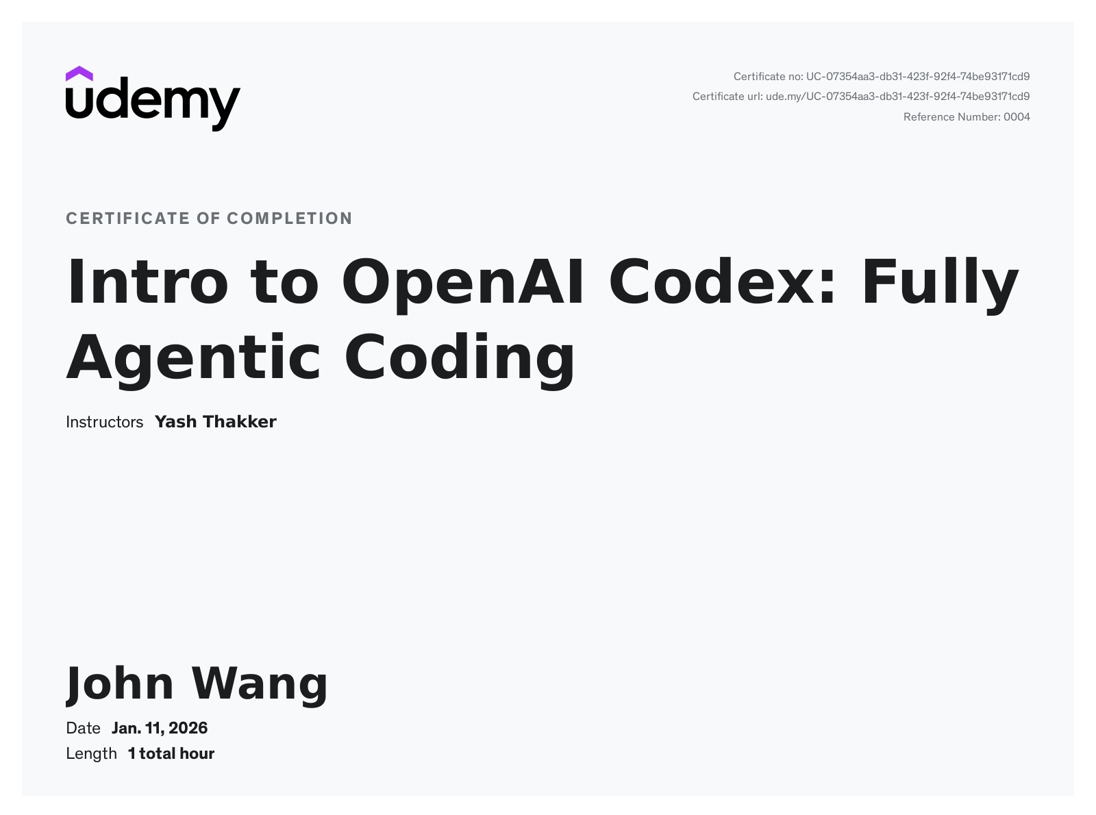 John's Intro to OpenAI Codex: Fully Agentic Coding from Udemy by Yash Thakker