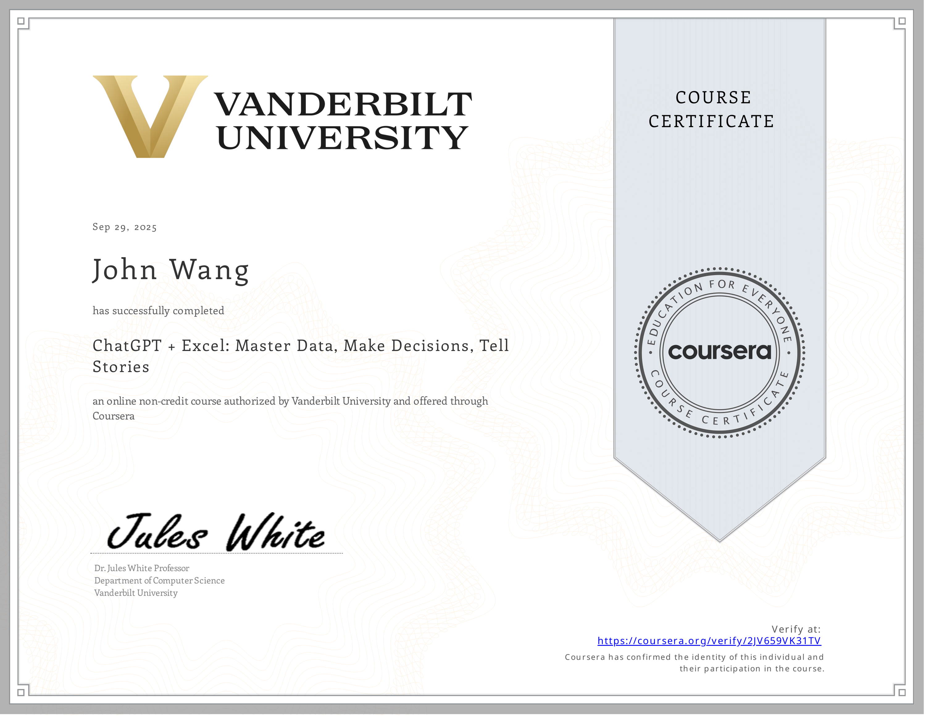 John's ChatGPT + Excel: Master Data, Make Decisions, Tell Stories from Vanderbilt University by James White