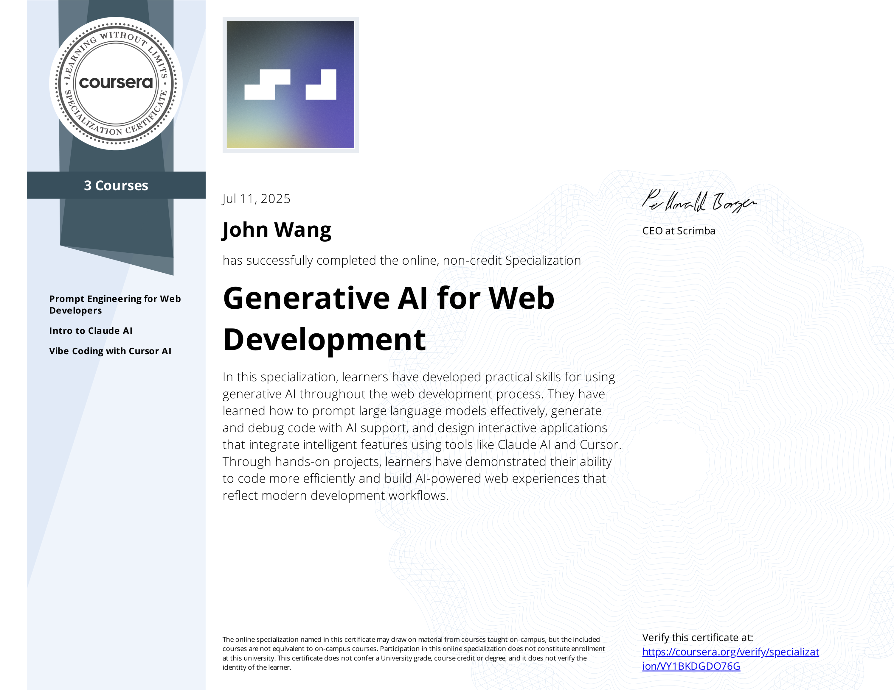 John's Generative AI for Web Development Specialization (3 Courses) from Scrimba