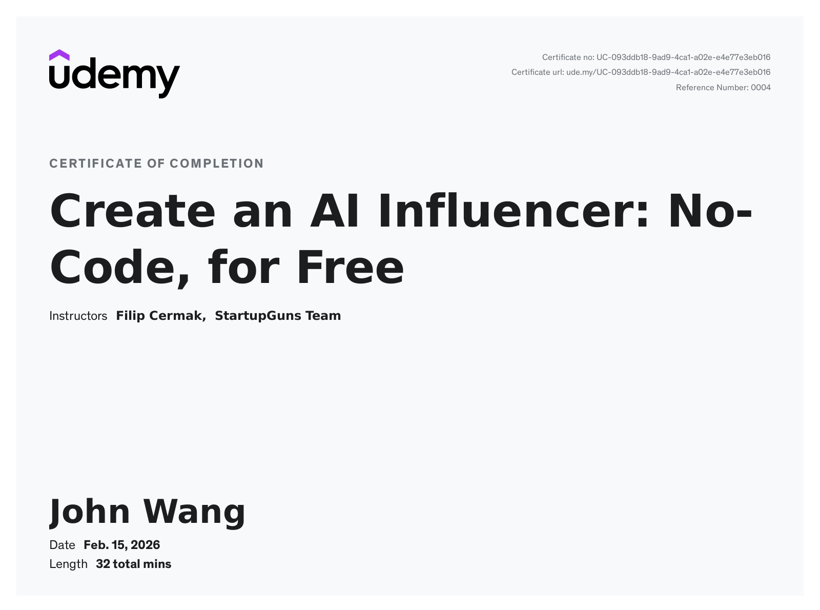 John's Create an AI Influencer: No-Code, for Free from Udemy by Filip Cermak