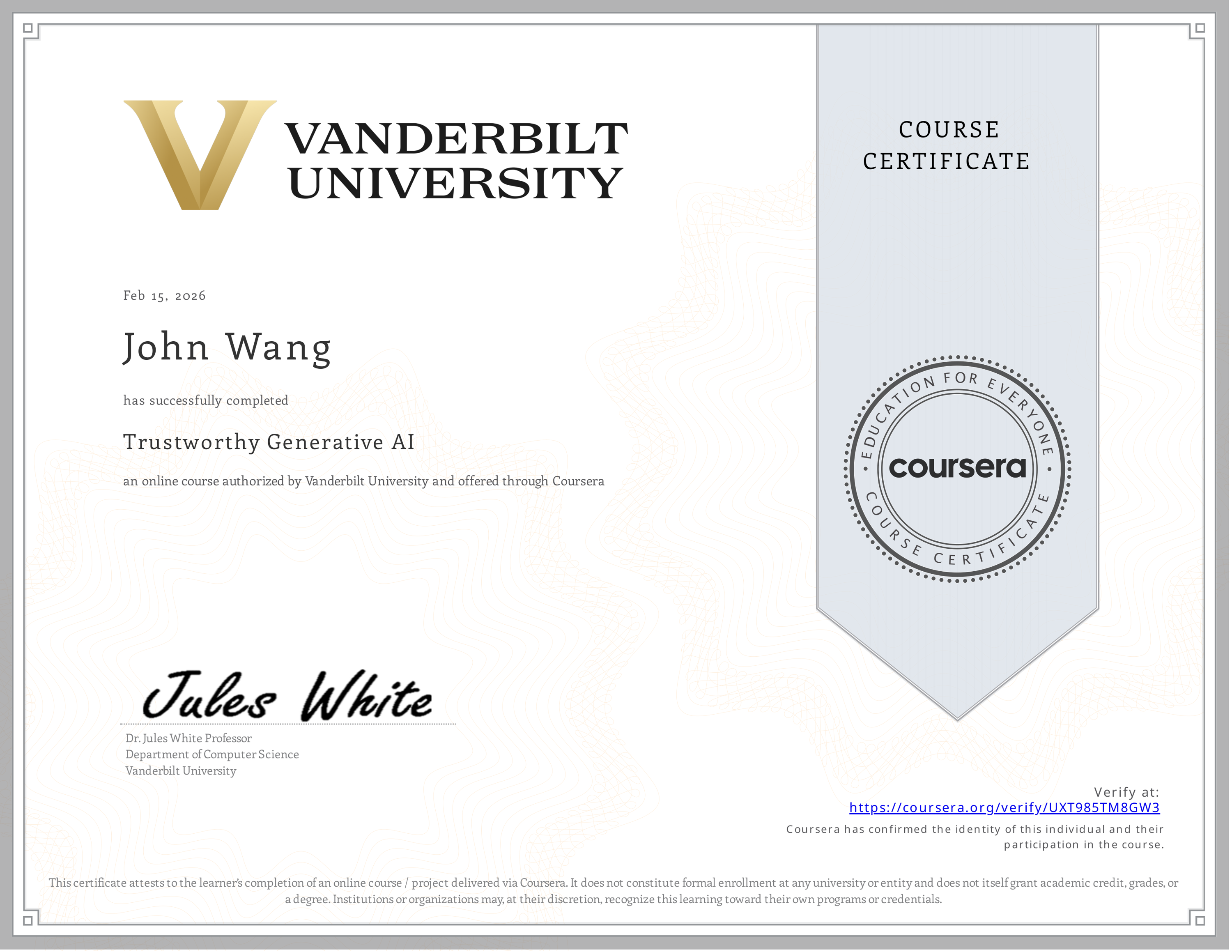 John's Trustworthy Generative AI from Vanderbilt University by James White