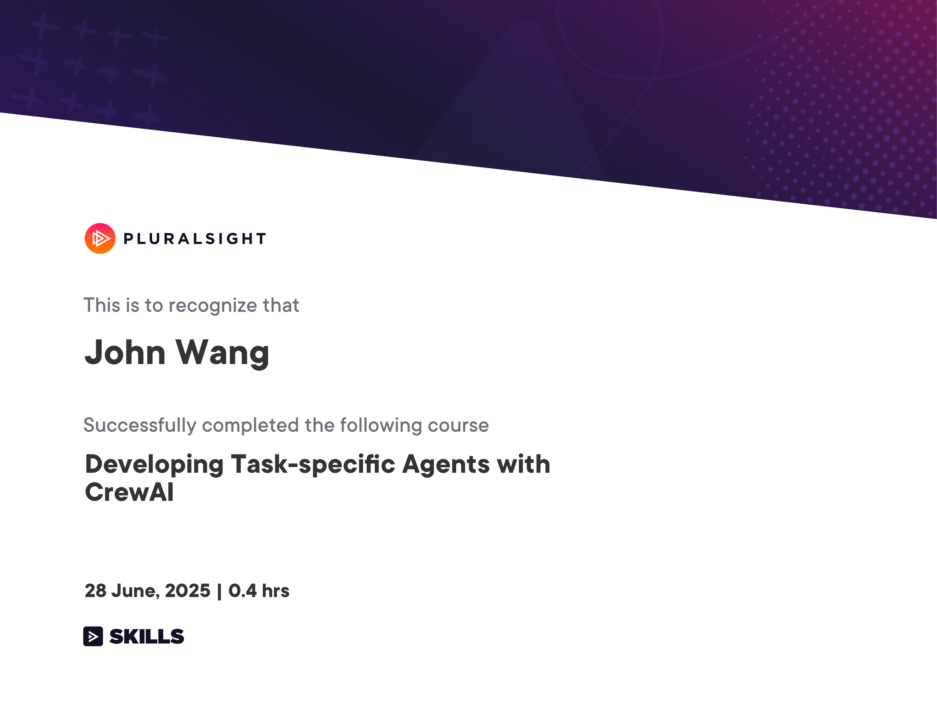 John's Developing Task-specific Agents with CrewAI from Pluralsight by Jon Friskics