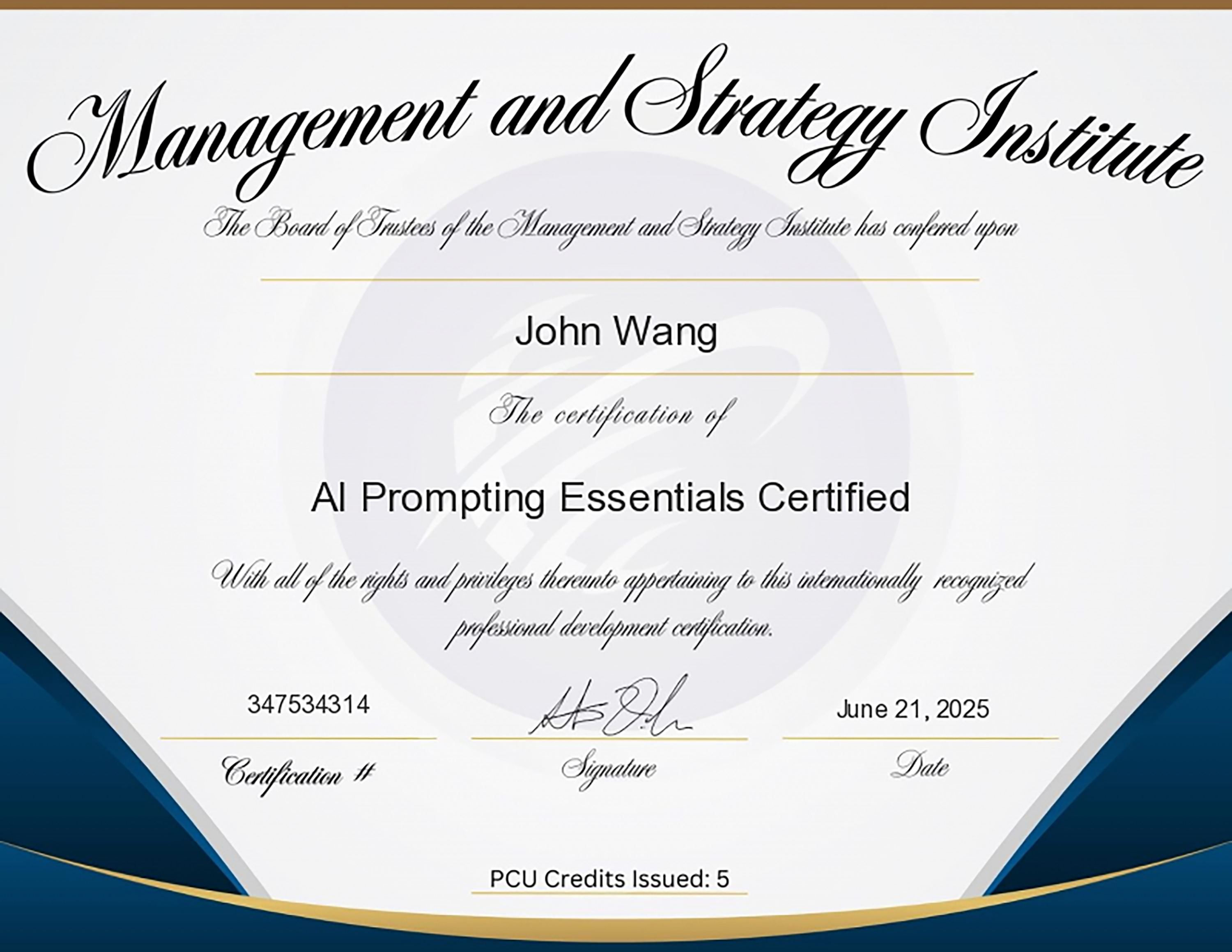 John's AI Prompting Essentials Certified (AIPEC) from Management and Strategy Institute