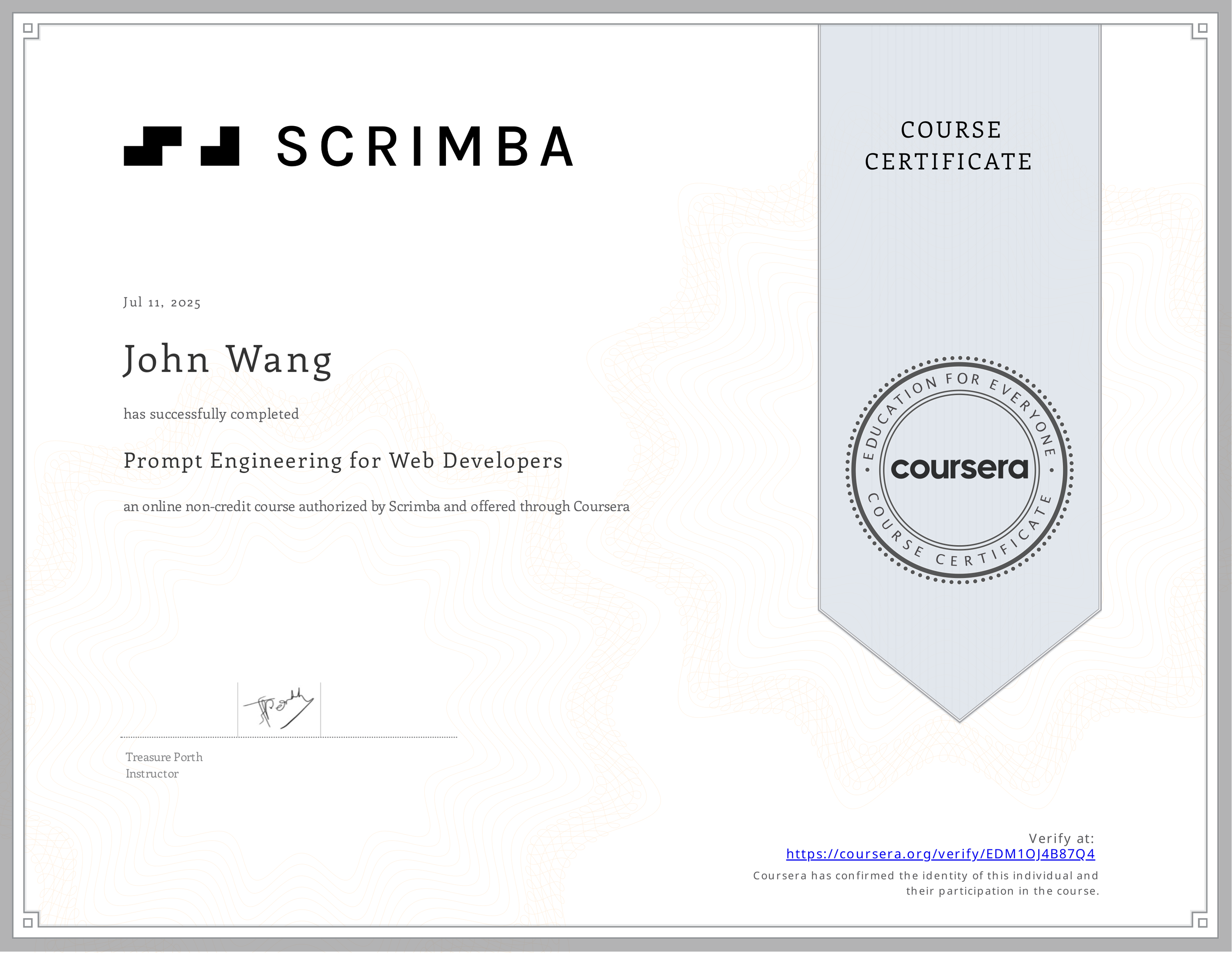 John's Prompt Engineering for Web Developers from Scrimba by Treasure Porth