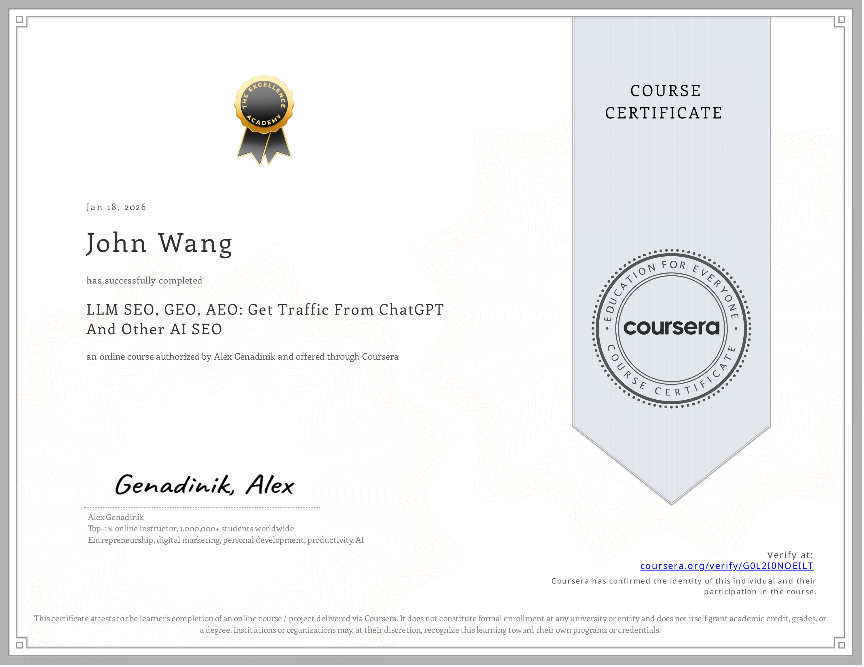 John's LLM SEO, GEO, AEO: Get Traffic From ChatGPT And Other AI SEO from Coursera by Alex Genadinik