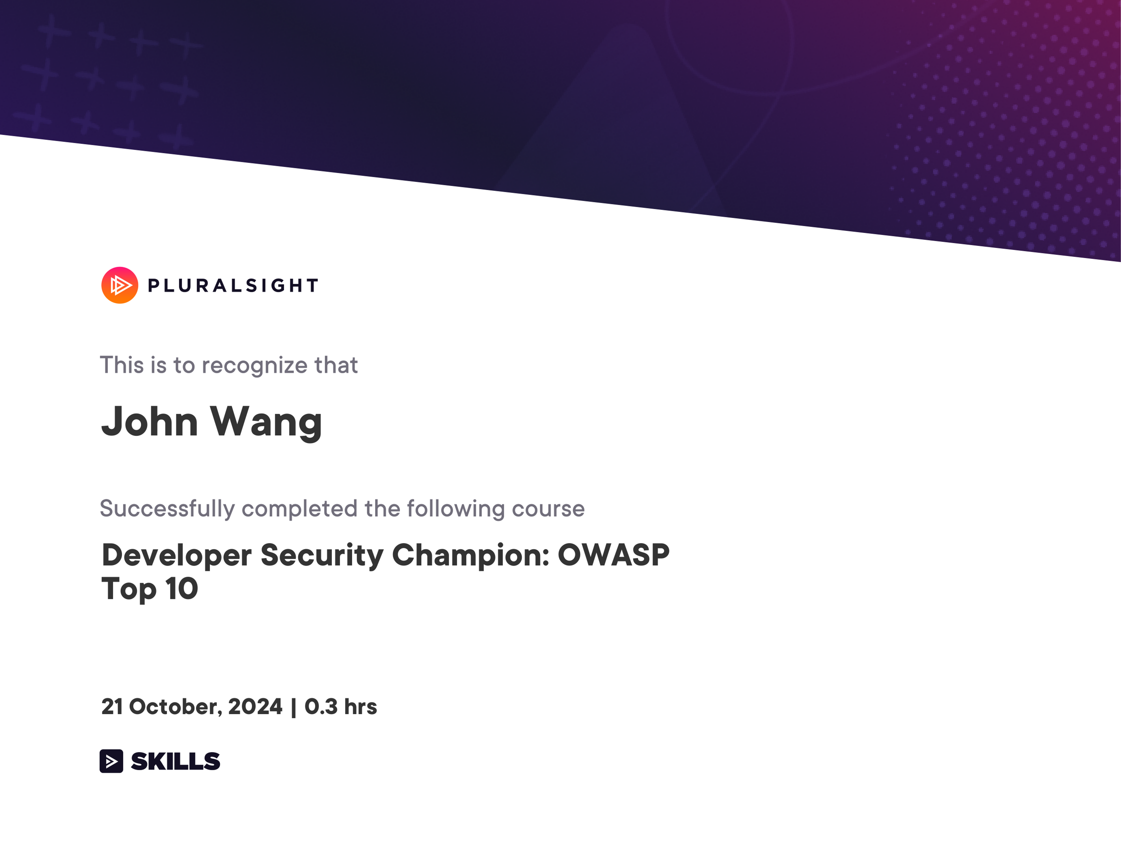 John's Developer Security Champion: OWASP Top 10 from Pluralsight by Kat DeLorean Seymour