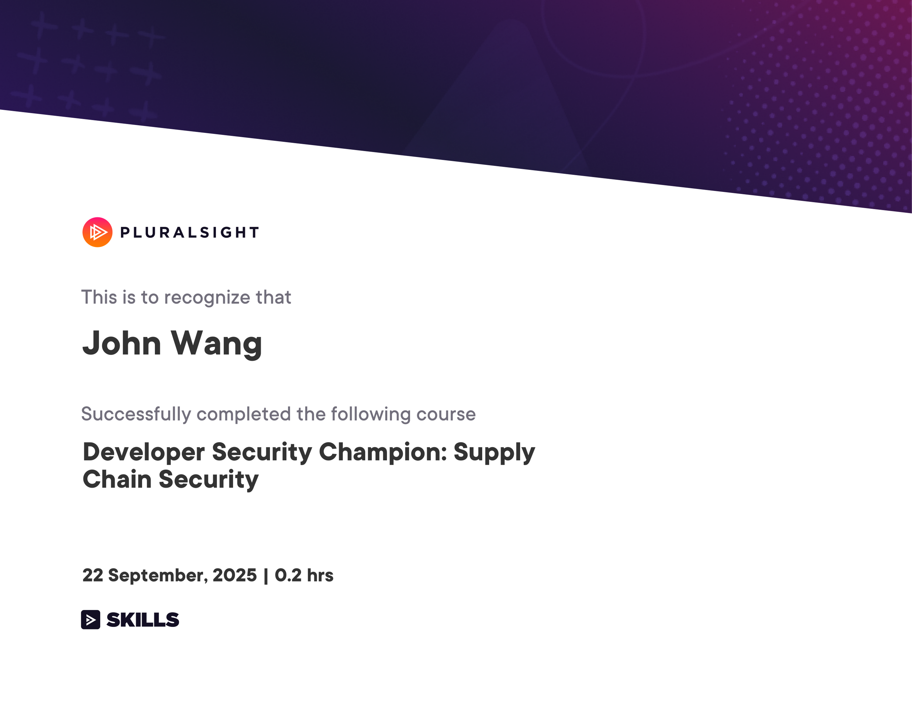 John's Developer Security Champion: Supply Chain Security from Pluralsight by Kevin James