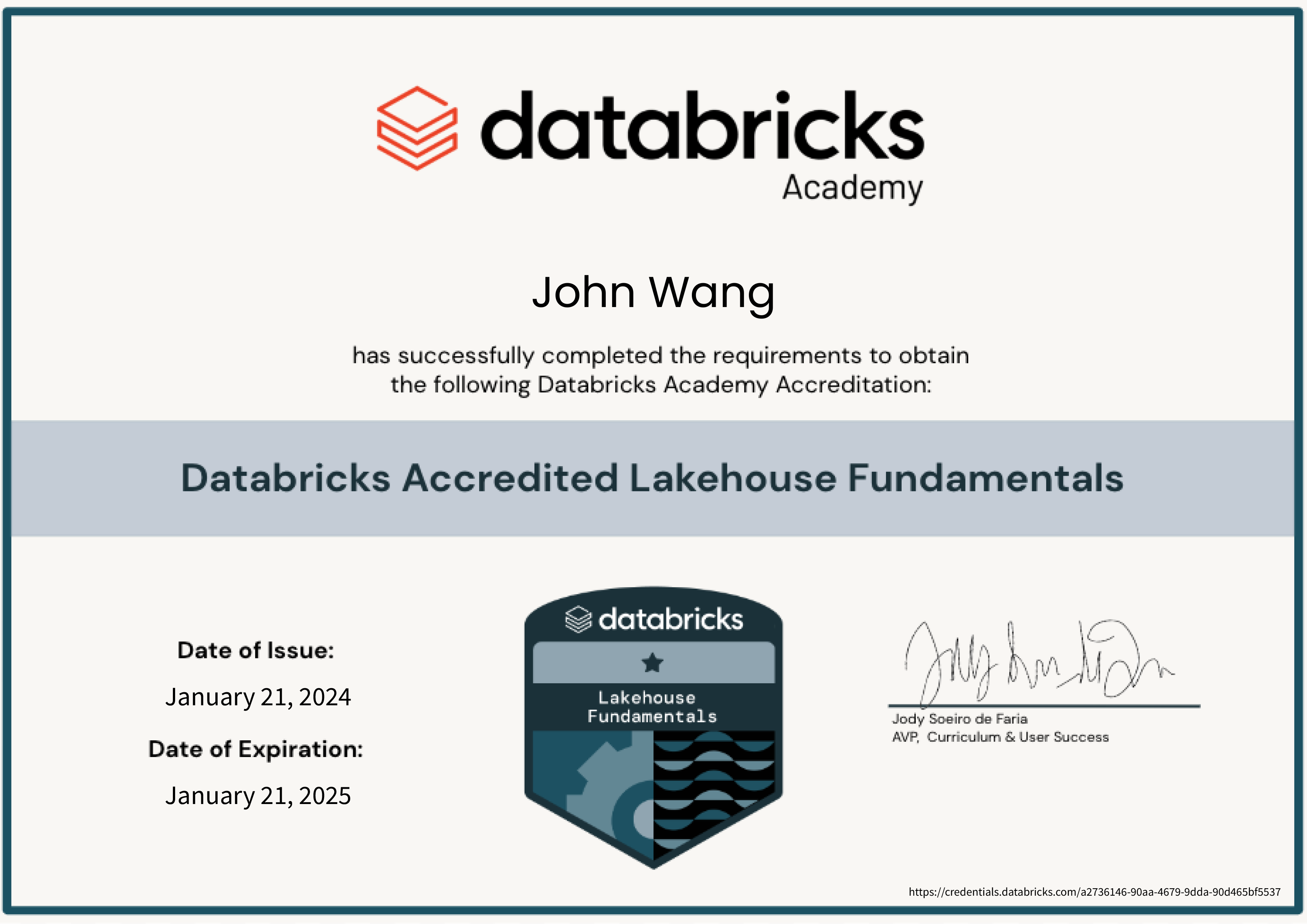John's Databricks Accredited Lakehouse Fundamentals from Databricks