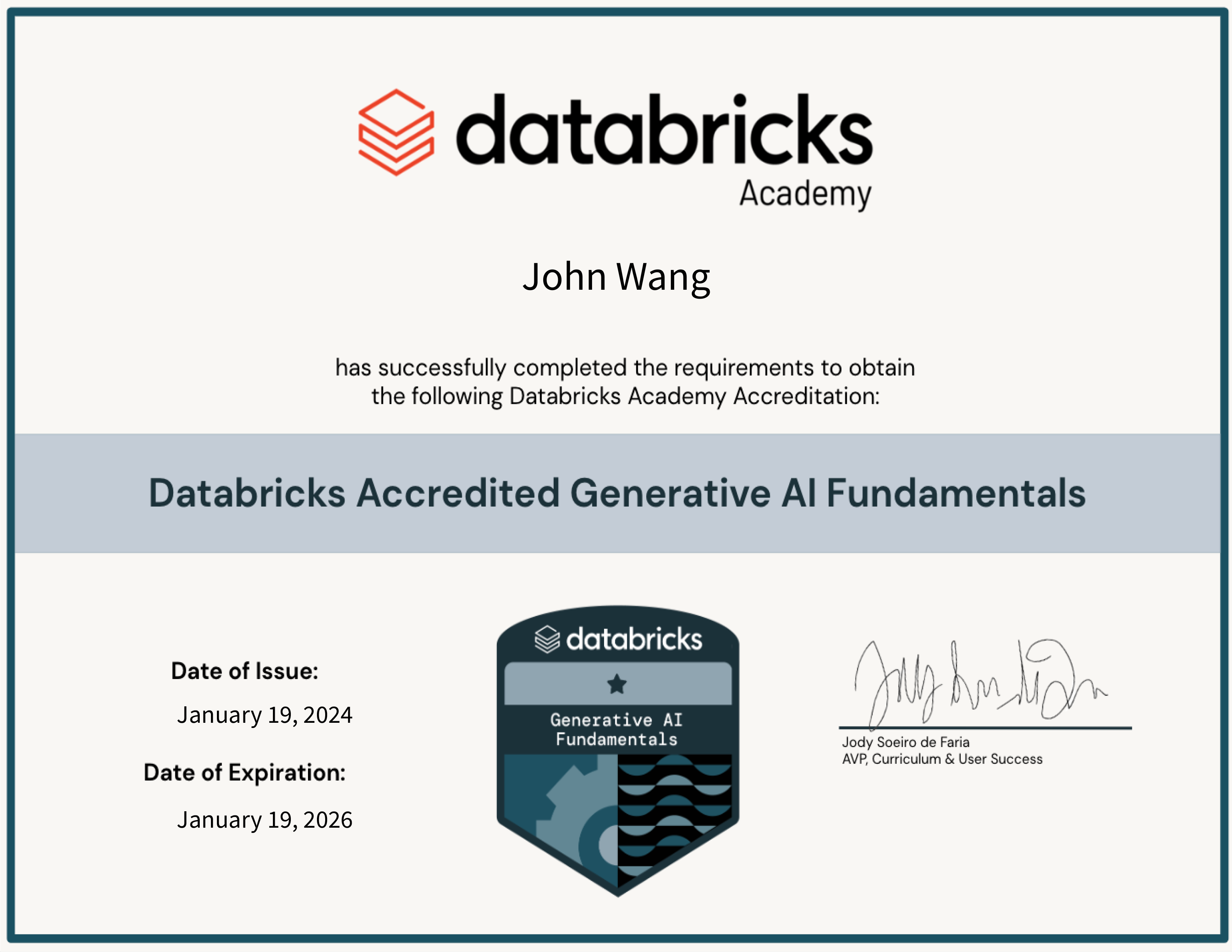 John's Databricks Accredited Generative AI Fundamentals from Databricks