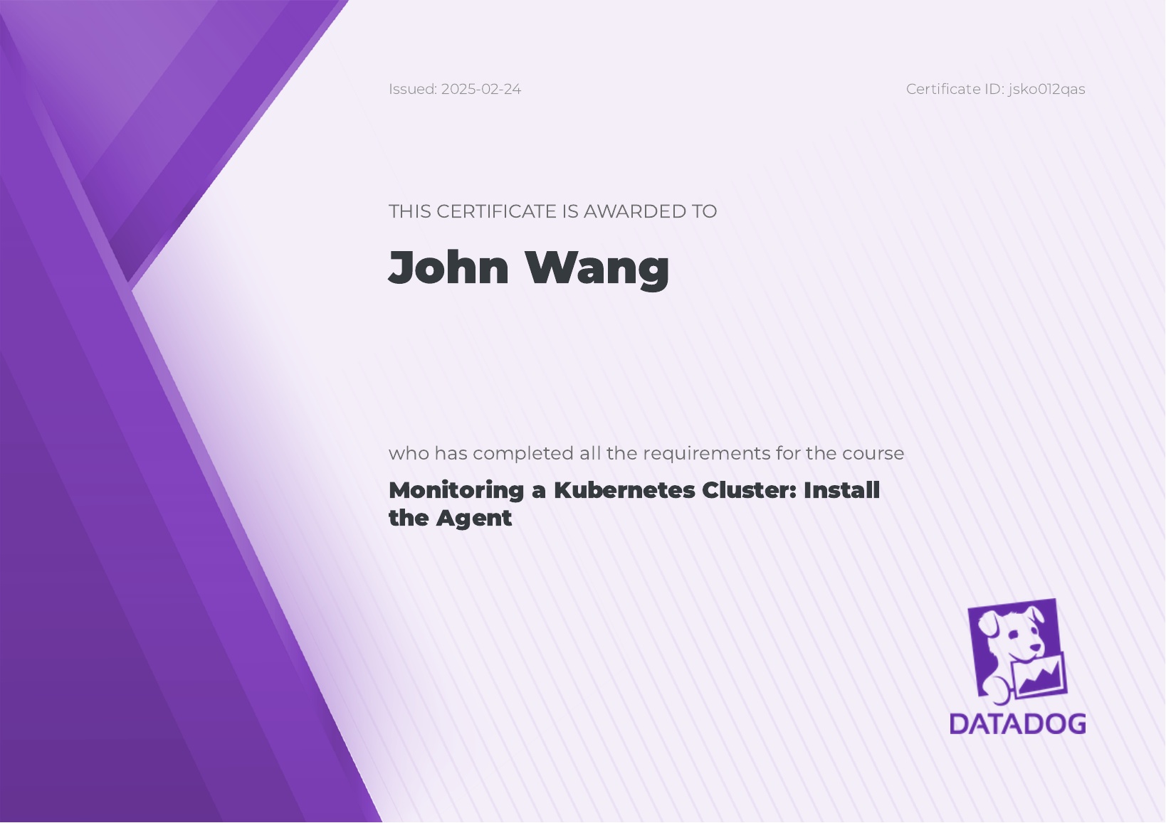 John's Monitoring a Kubernetes Cluster: Install the Agent from Datadog