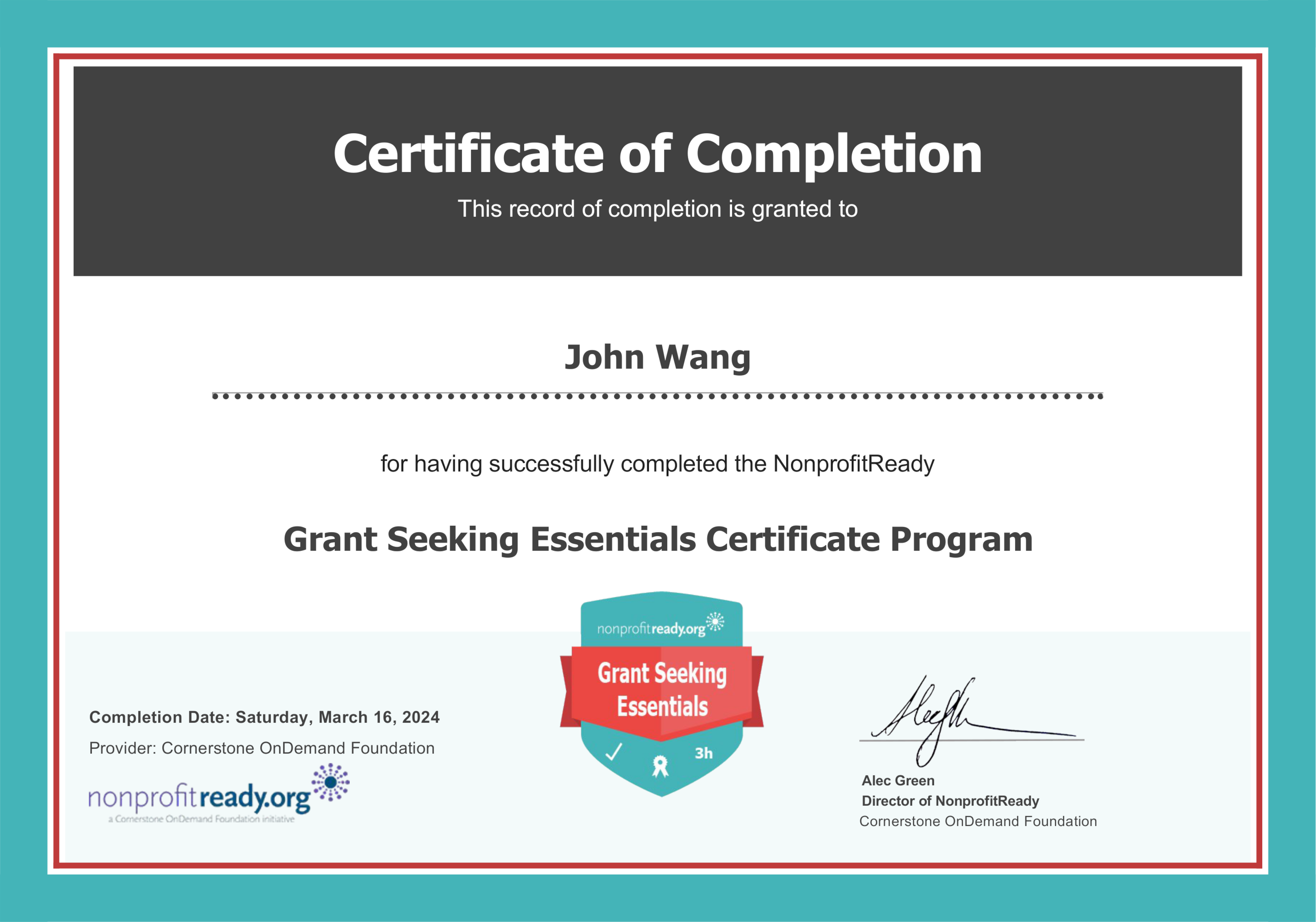 John's Grant Seeking Essentials Certificate from Cornerstone OnDemand Foundation
