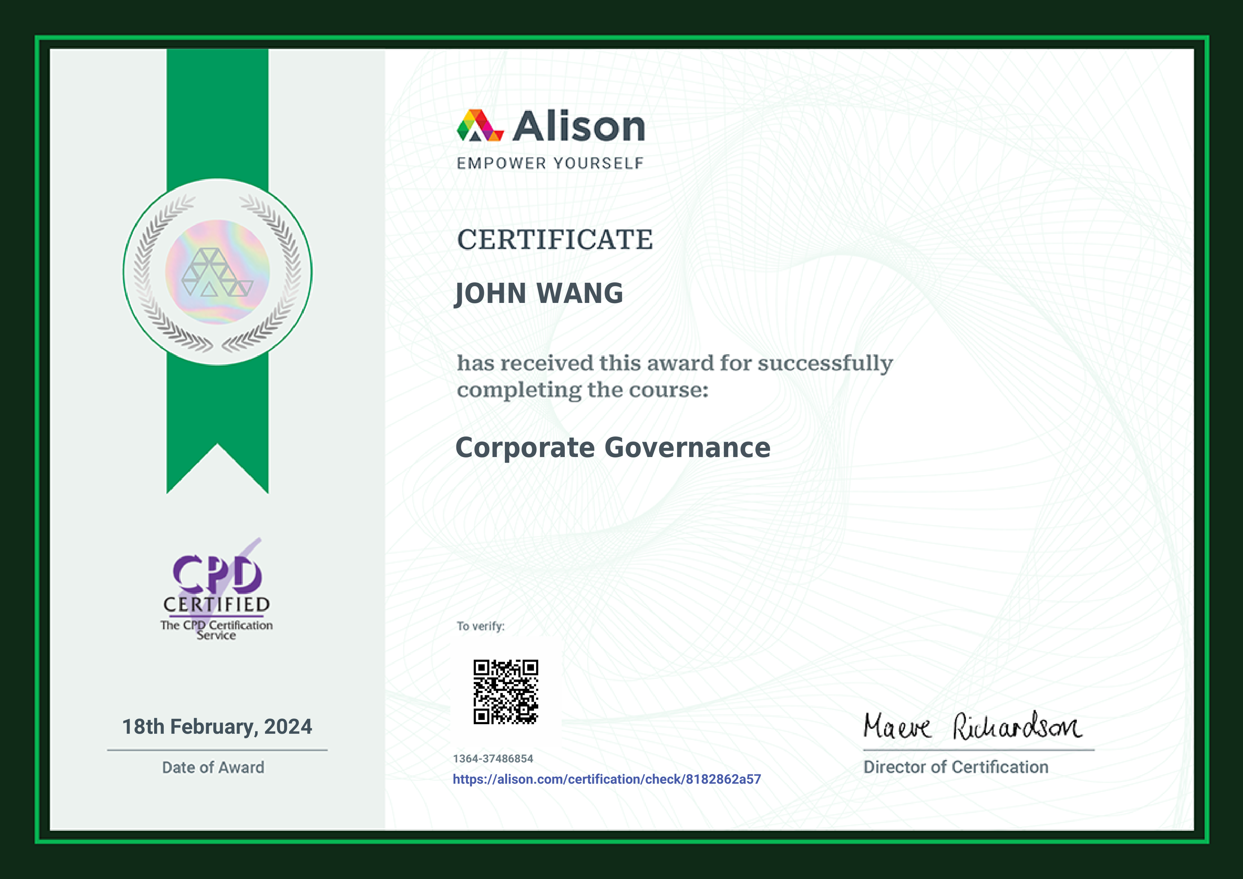 John's Corporate Governance Certificate from Alison by Robert Klonoski