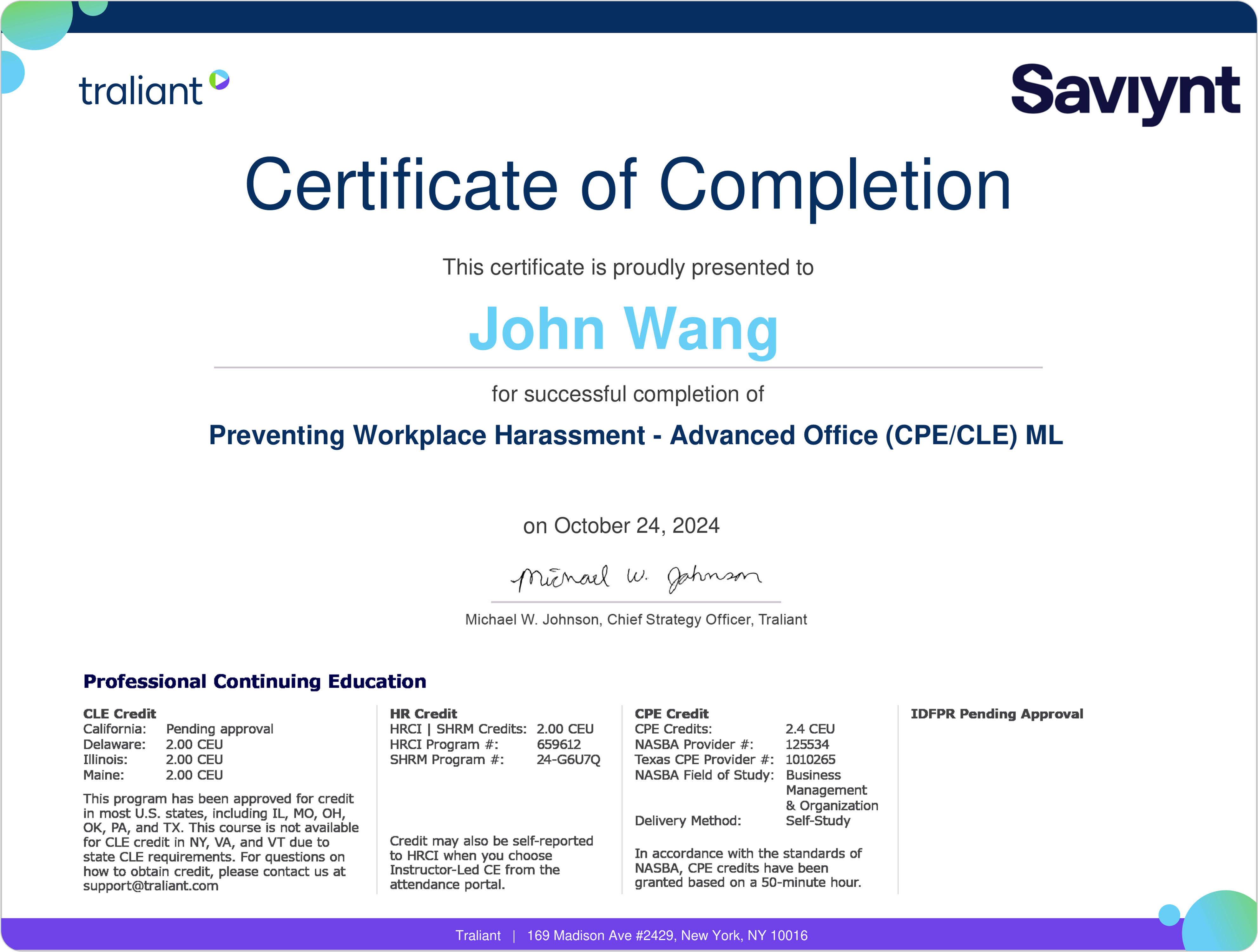 John's Preventing Workplace Harassment - Advanced Office (CPE/CLE) ML from Traliant