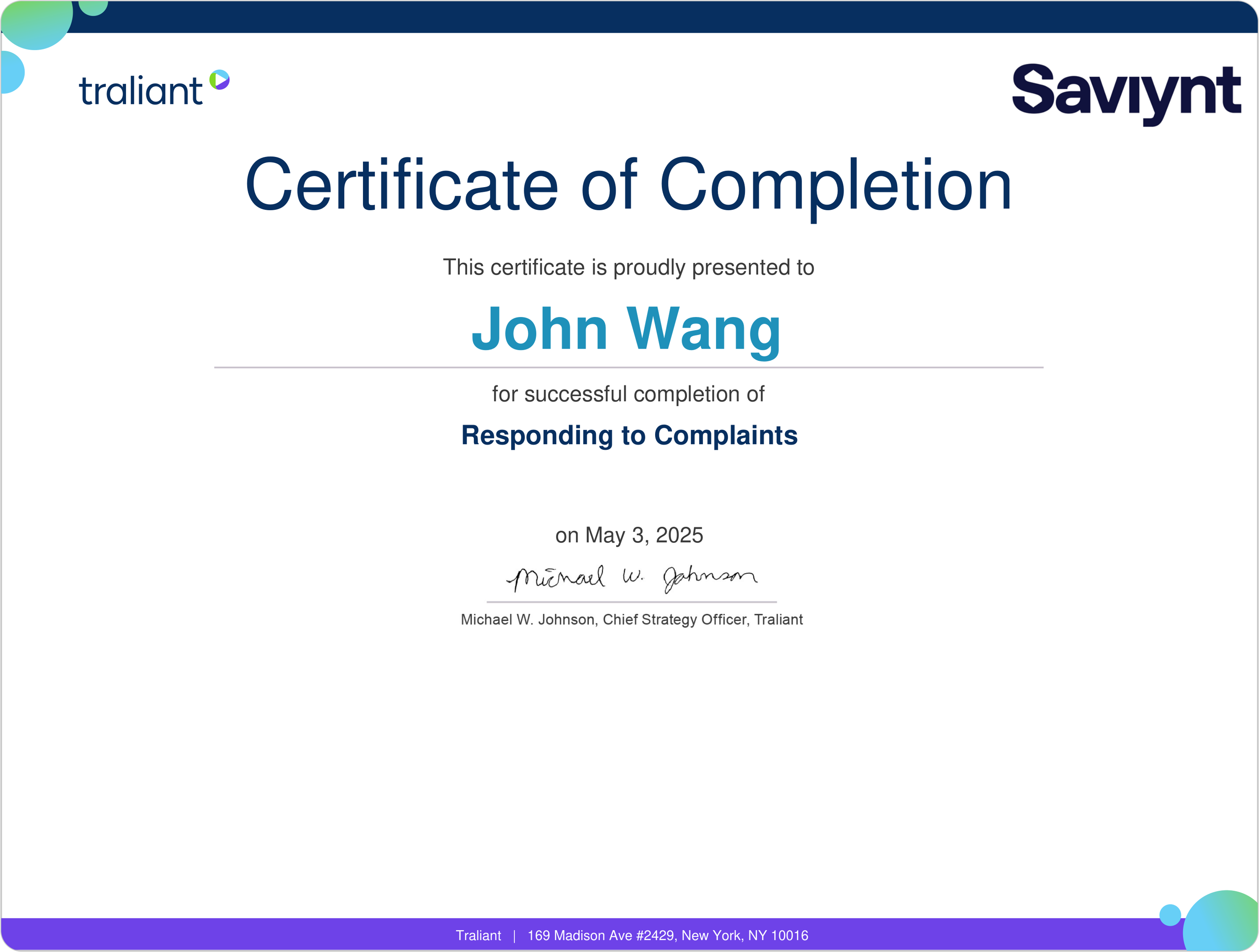 John's Responding to Complaints from Traliant
