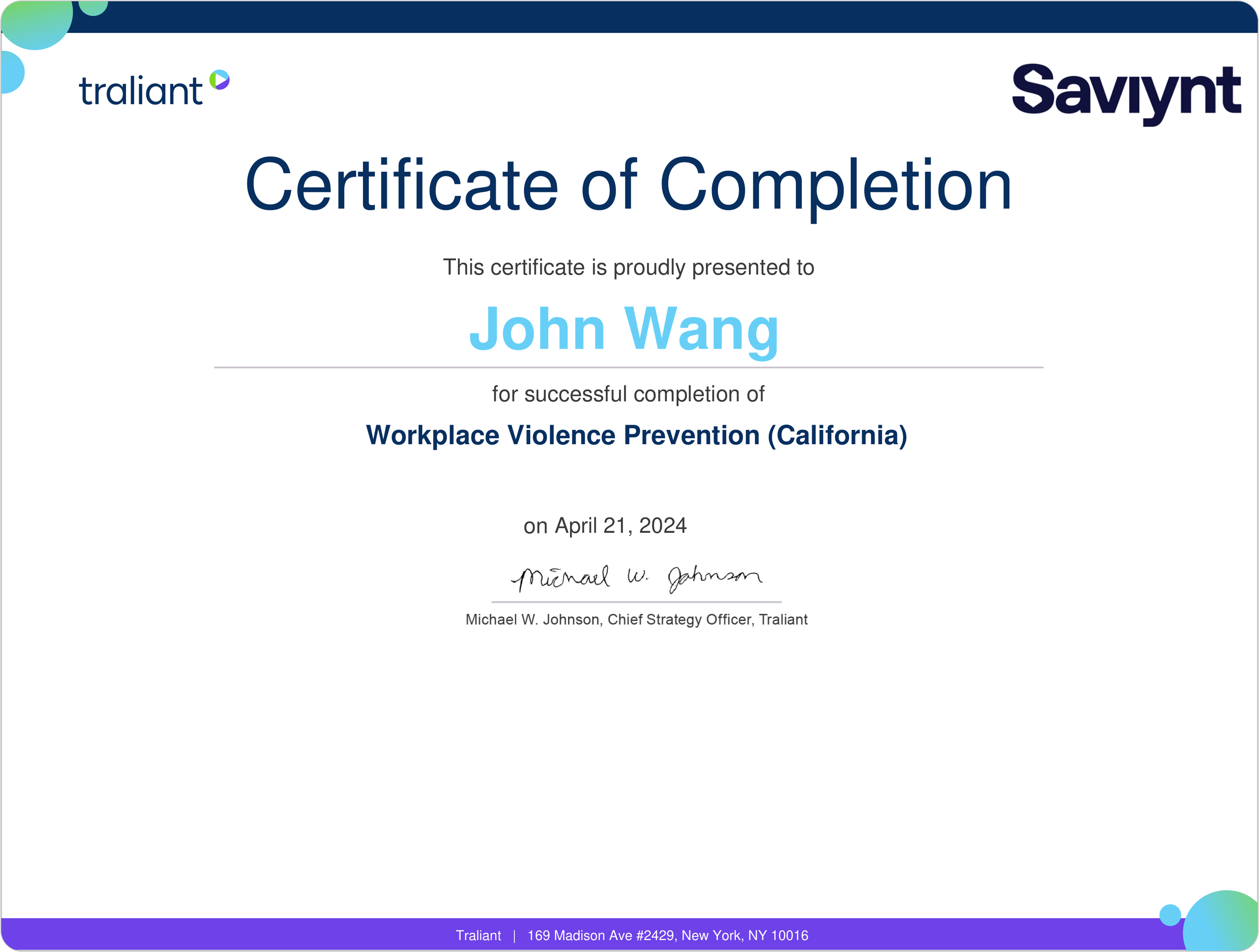 John's Workplace Violence Prevention (California) from Traliant