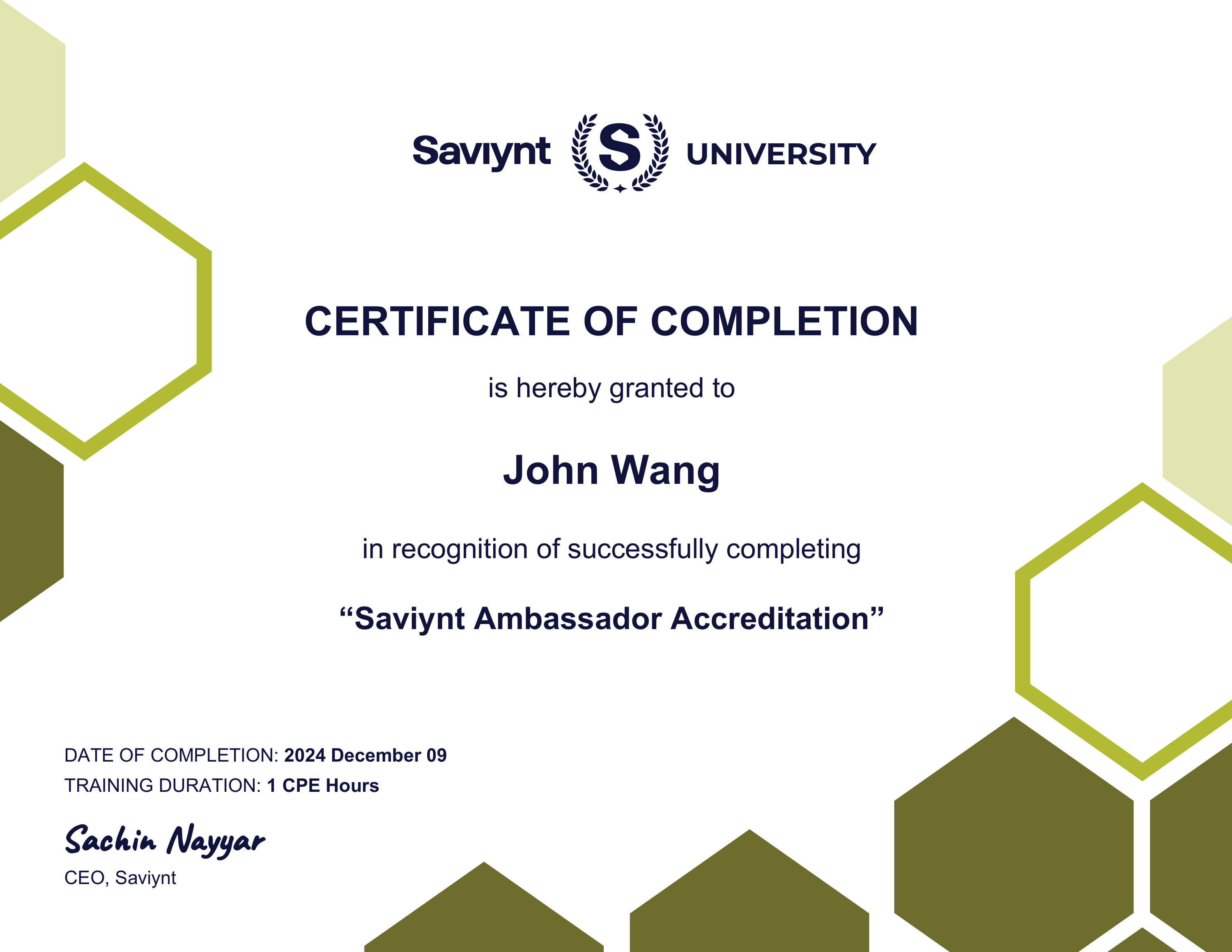 John's Saviynt Ambassador Accreditation from Saviynt