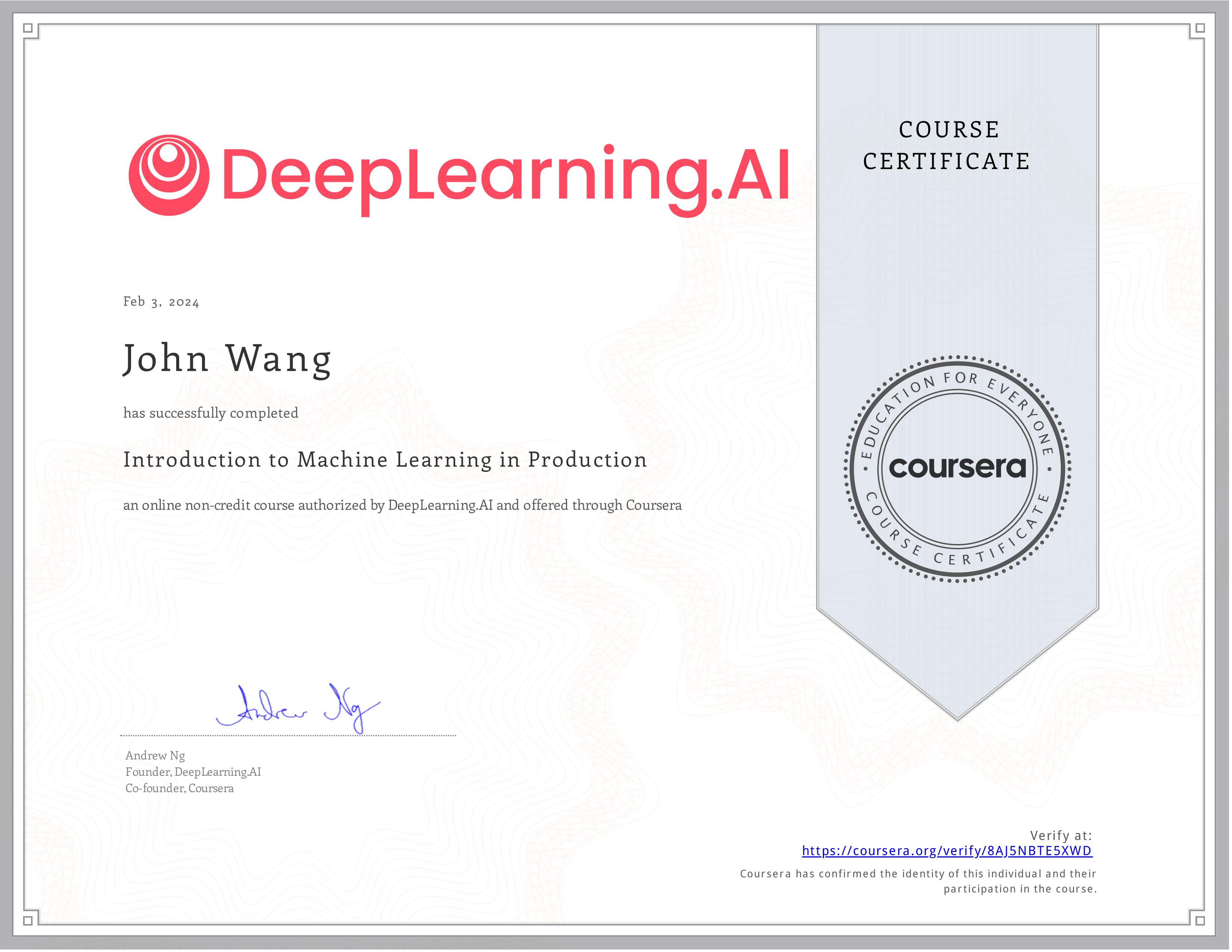 John's Introduction to Machine Learning in Production from DeepLearning.AI by Andrew Ng