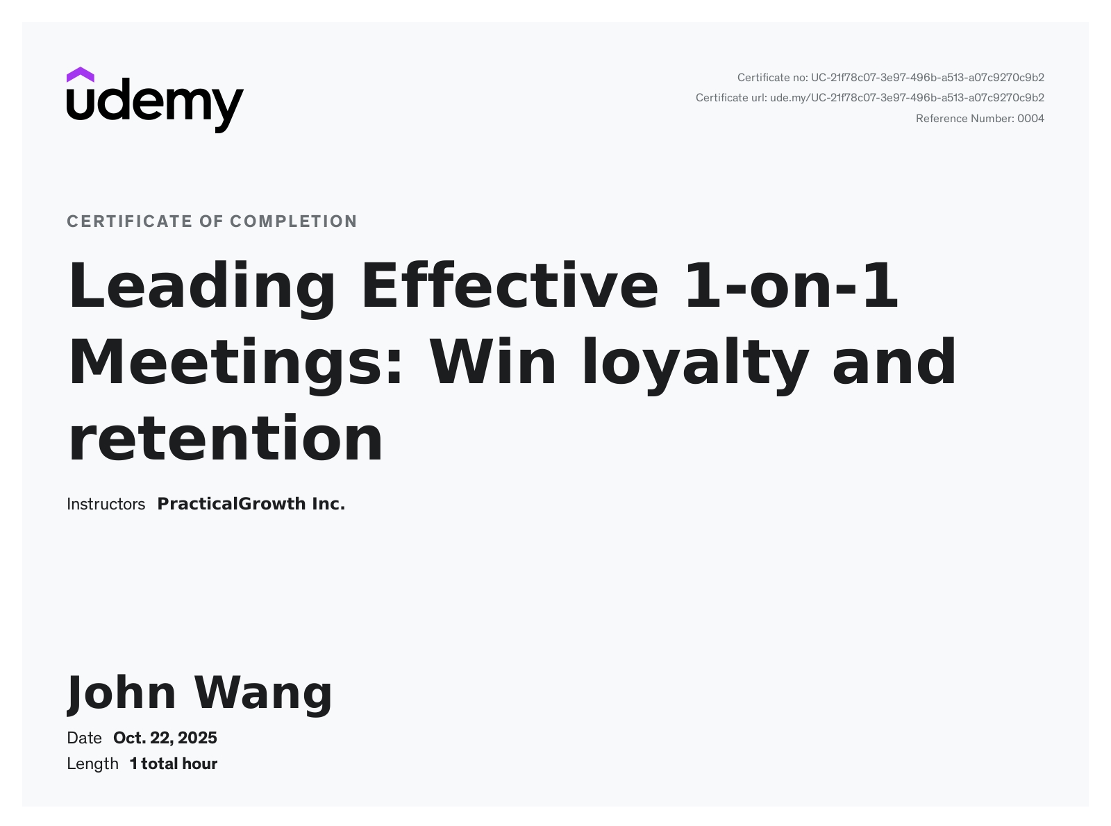 John's Leading Effective 1-on-1 Meetings: Win loyalty and retention from Udemy by PracticalGrowth Inc.