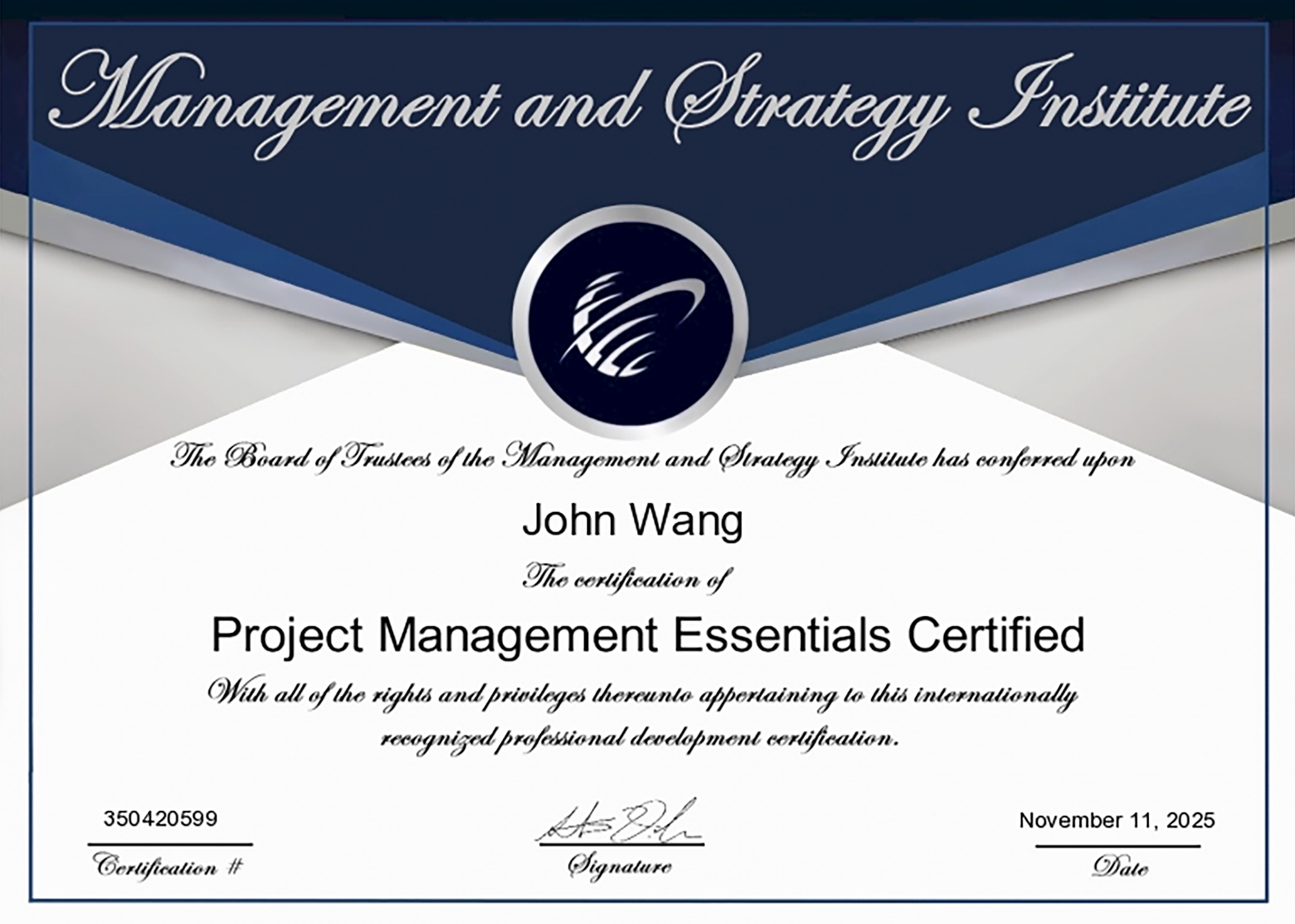 John's Project Management Essentials Certified from Management and Strategy Institute