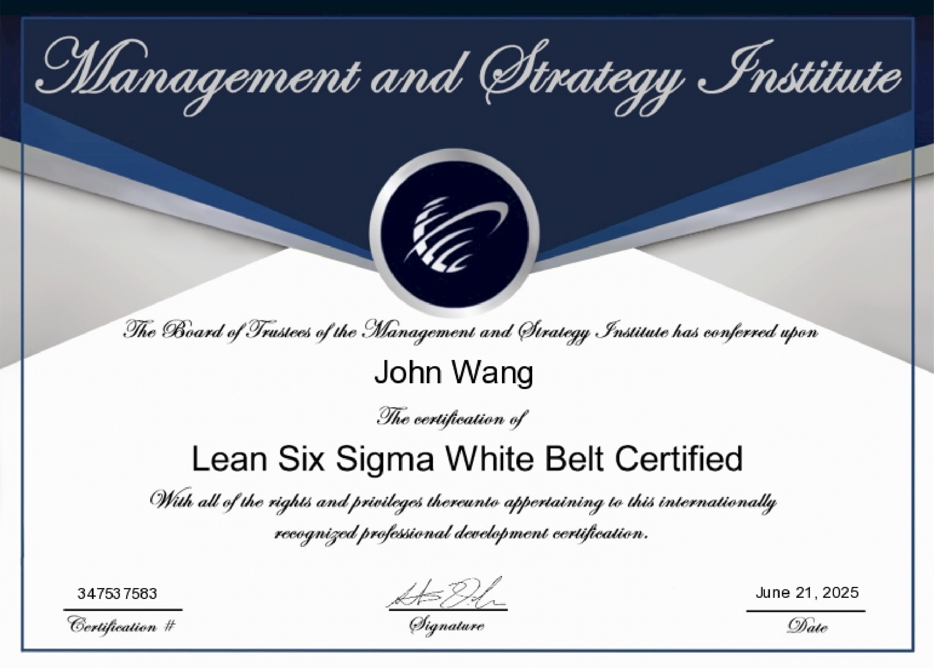 John's Lean Six Sigma White Belt from Management and Strategy Institute