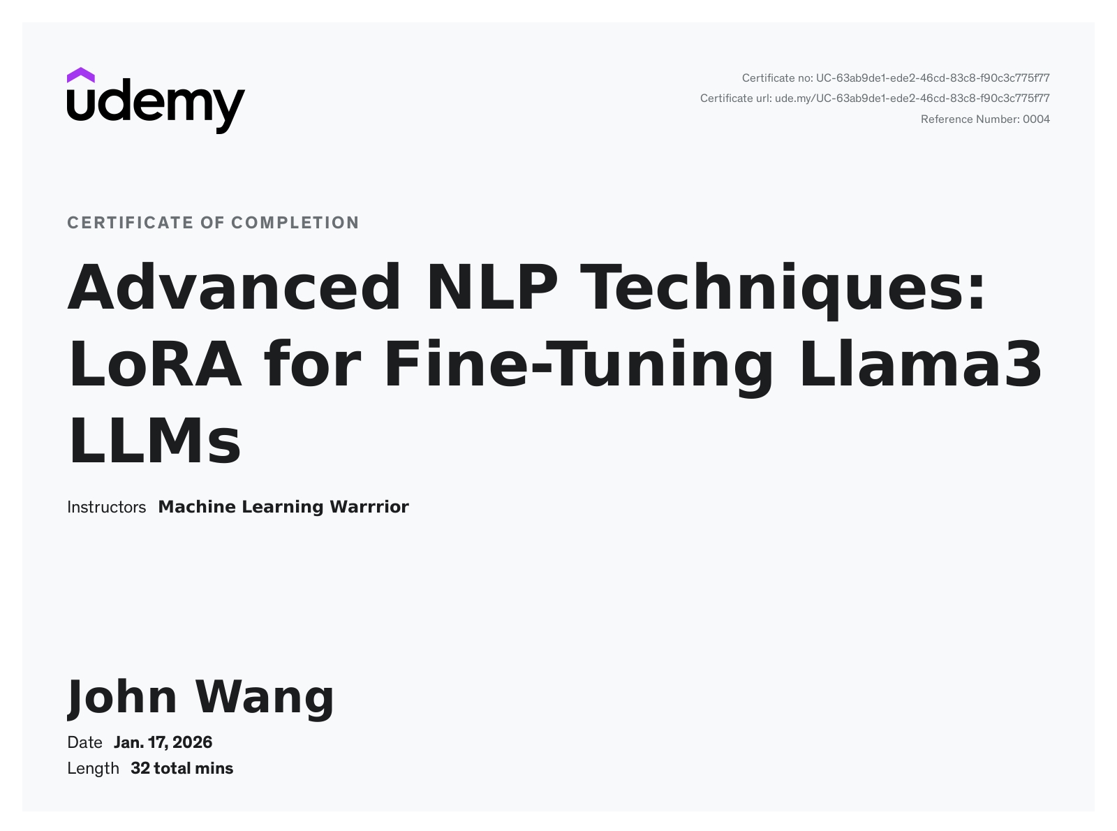 John's Advanced NLP Techniques: LoRA for Fine-Tuning Llama3 LLMs from Udemy by Machine Learning Warrrior