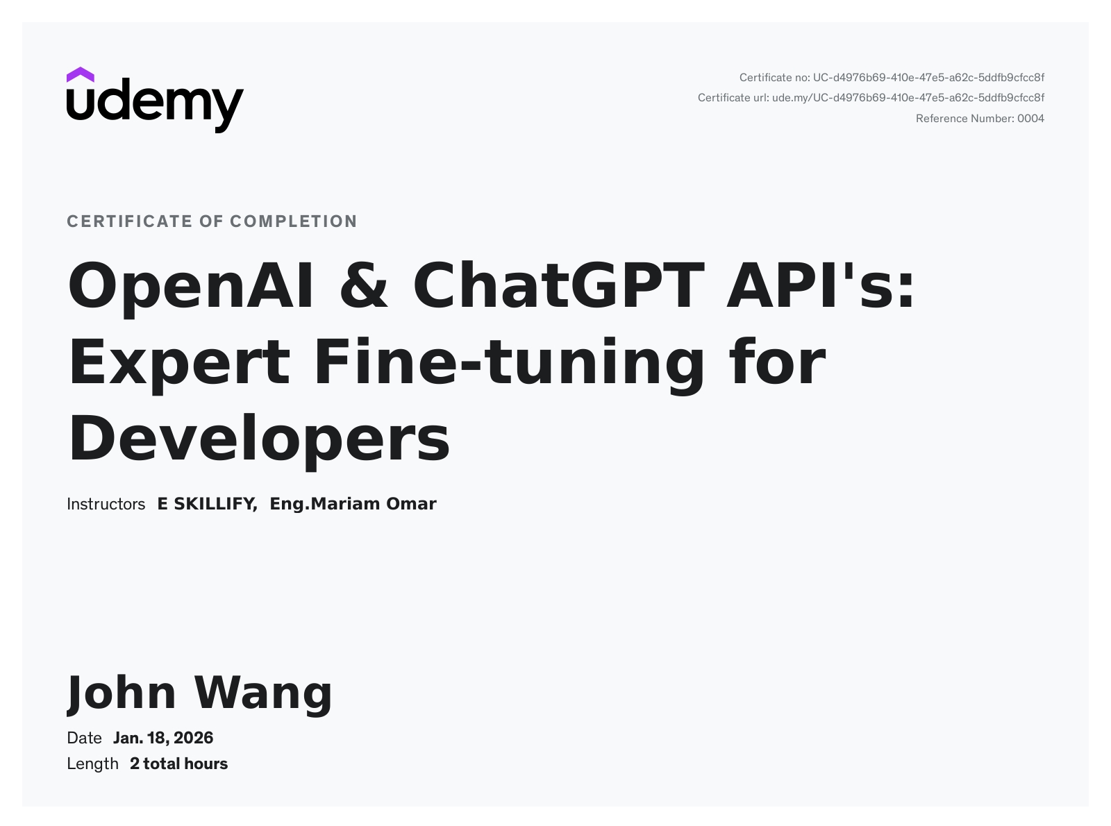 John's OpenAI & ChatGPT API's: Expert Fine-tuning for Developers from Udemy by Mariam Omar