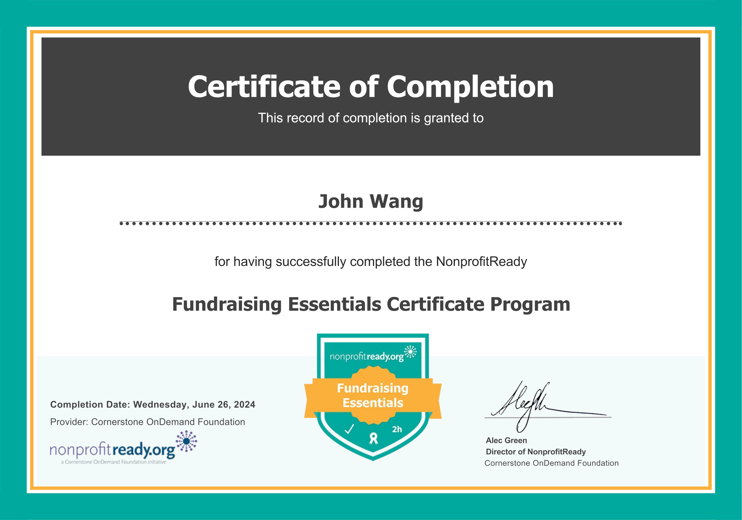 John's Fundraising Essentials Certificate from Cornerstone OnDemand Foundation