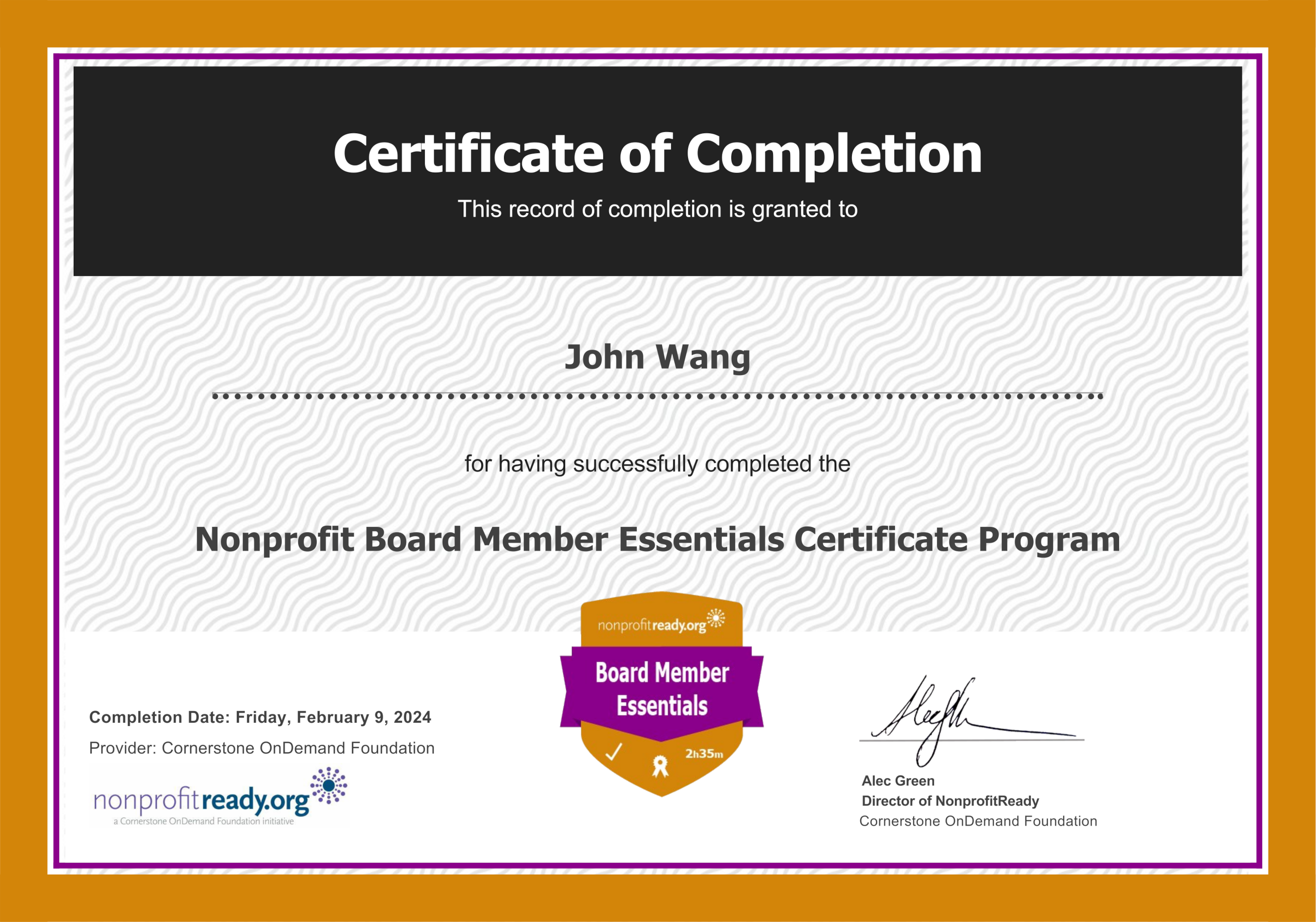 John's Nonprofit Board Member Essentials Certificate from Cornerstone OnDemand Foundation
