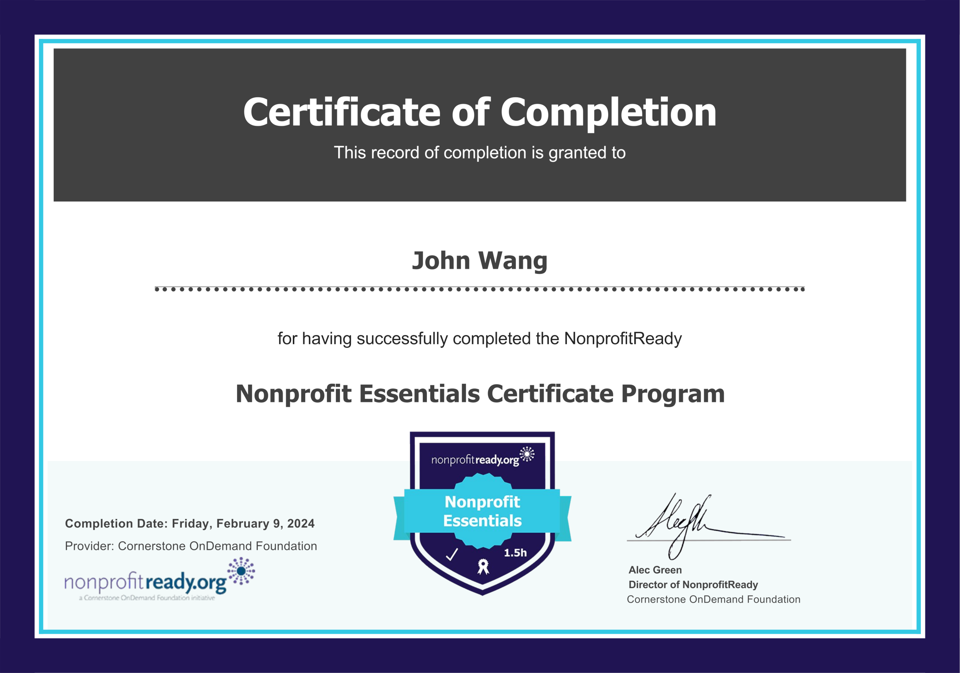 John's Nonprofit Essentials Certificate from Cornerstone OnDemand Foundation