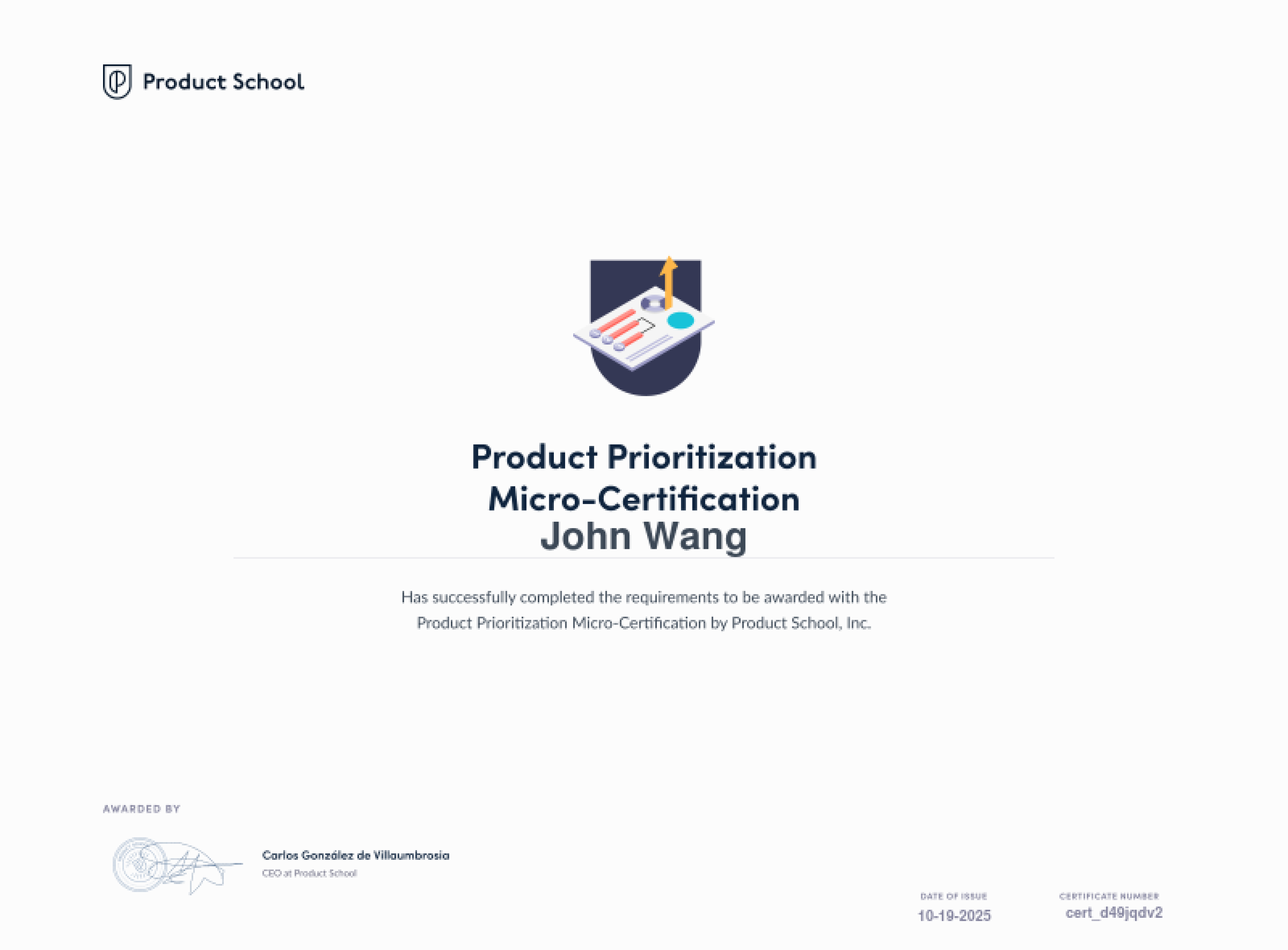 John's Product Prioritization Micro-Certification from Product School