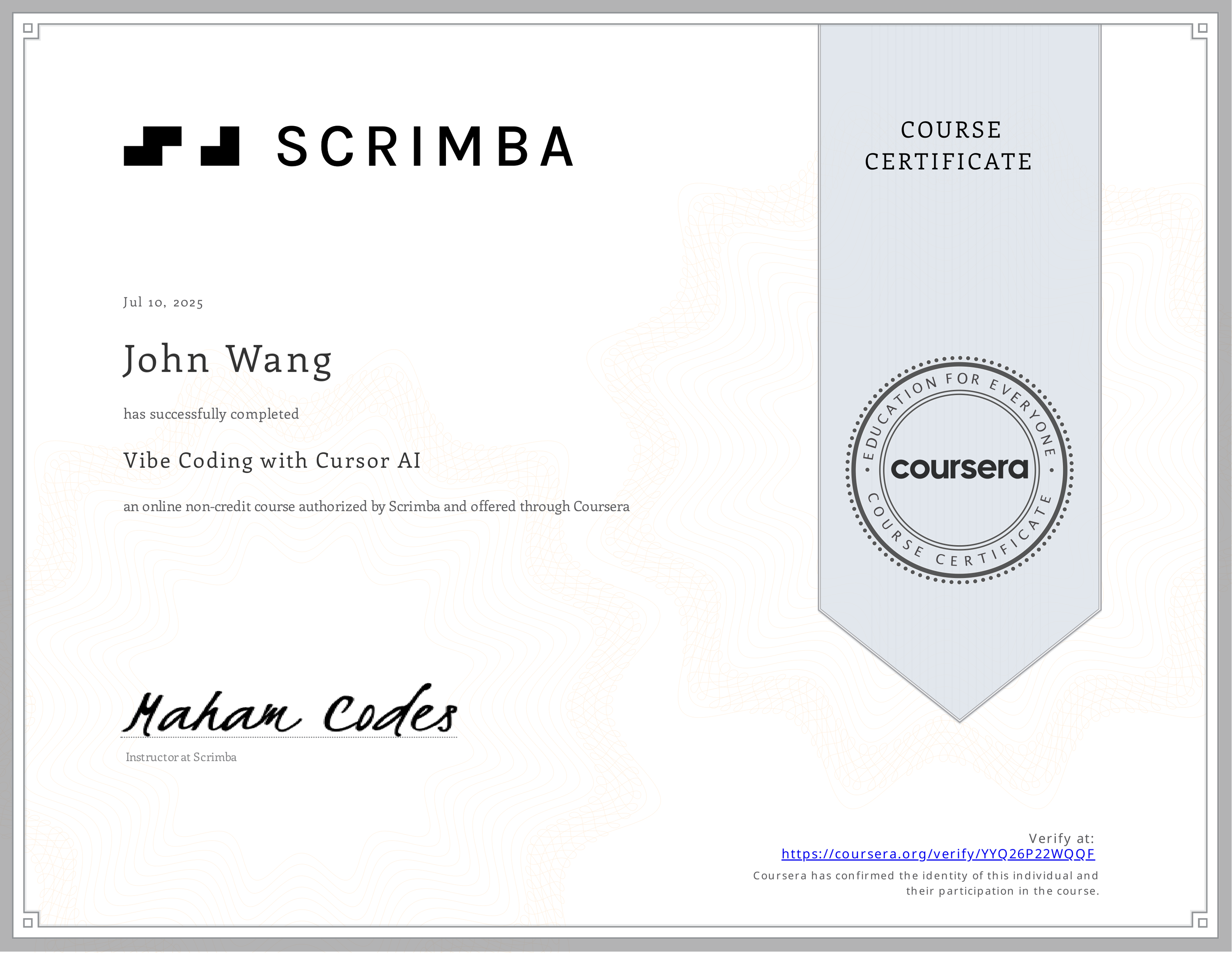 John's Vibe Coding with Cursor AI from Scrimba by Maham Codes