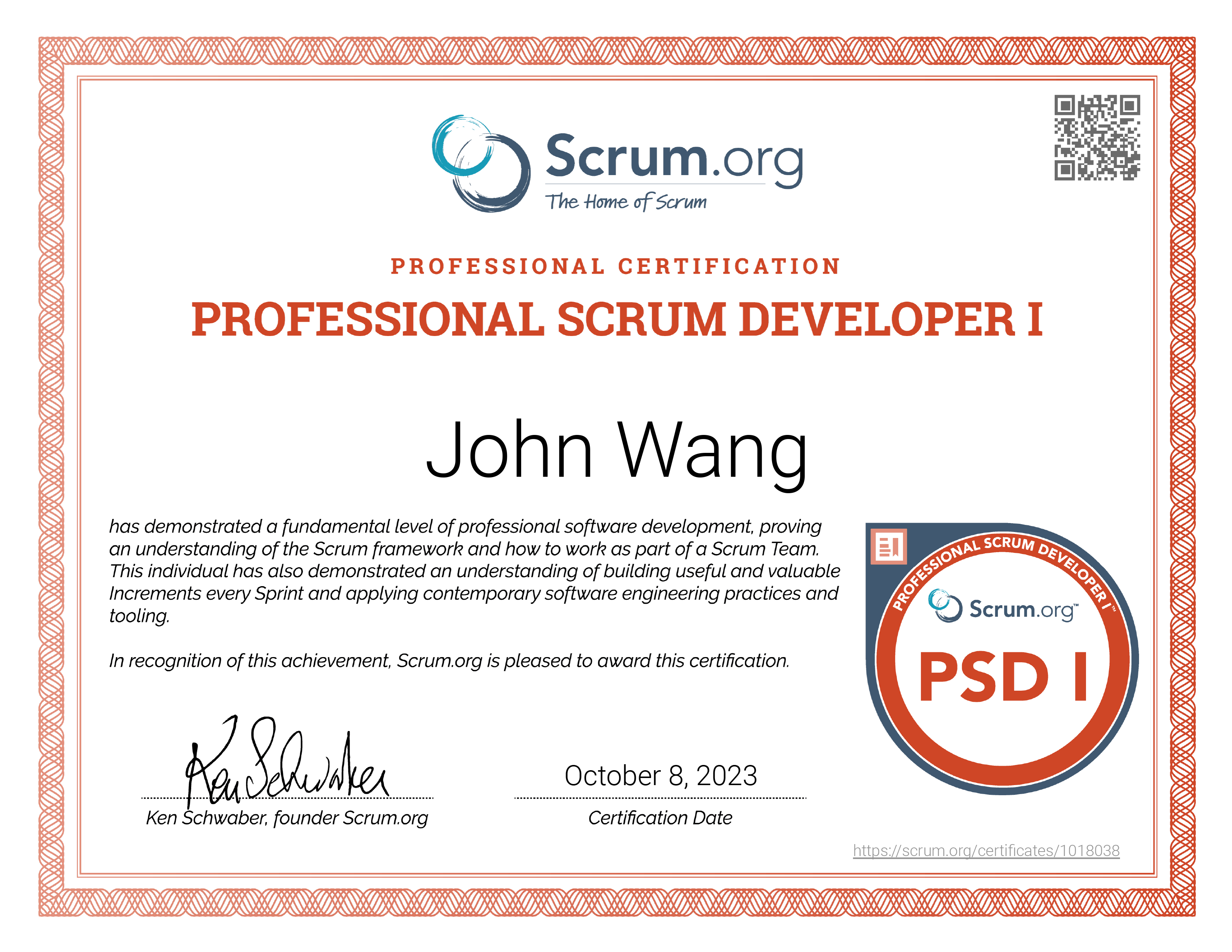 John's Professional Scrum Developer (PSD) from Scrum.org
