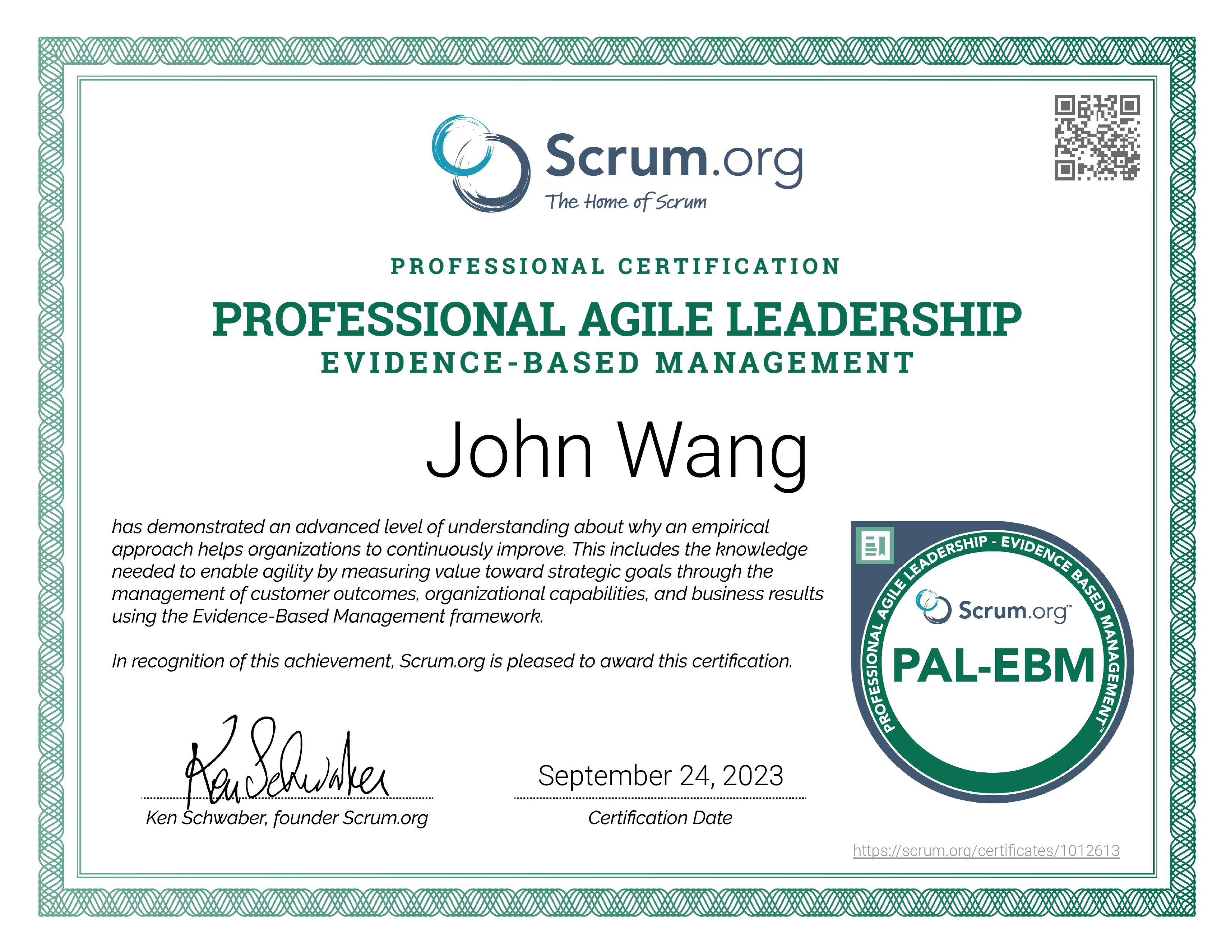 John's Professional Agile Leadership - Evidence-Based Management (PAL-EBM) from Scrum.org