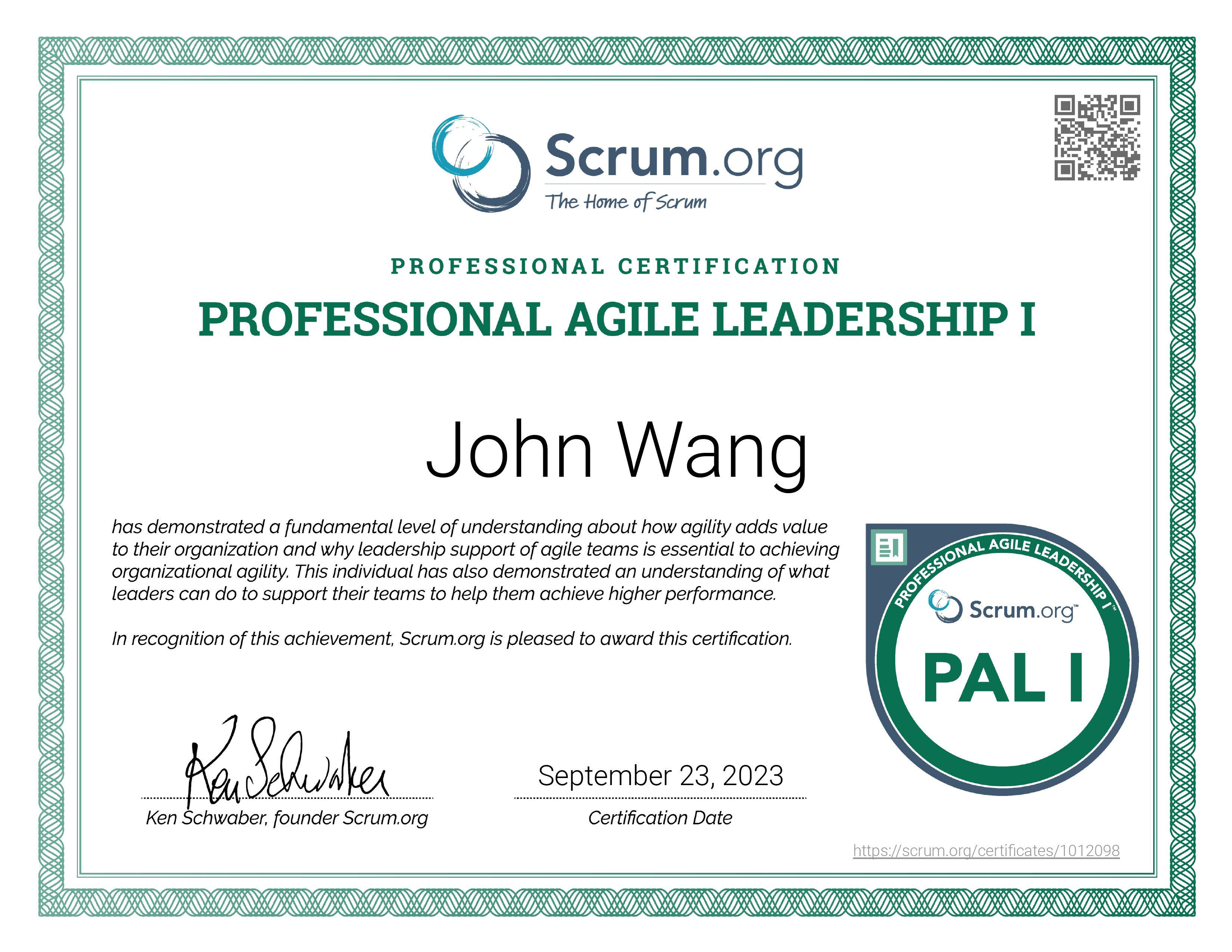 John's Professional Agile Leadership I (PAL I) from Scrum.org