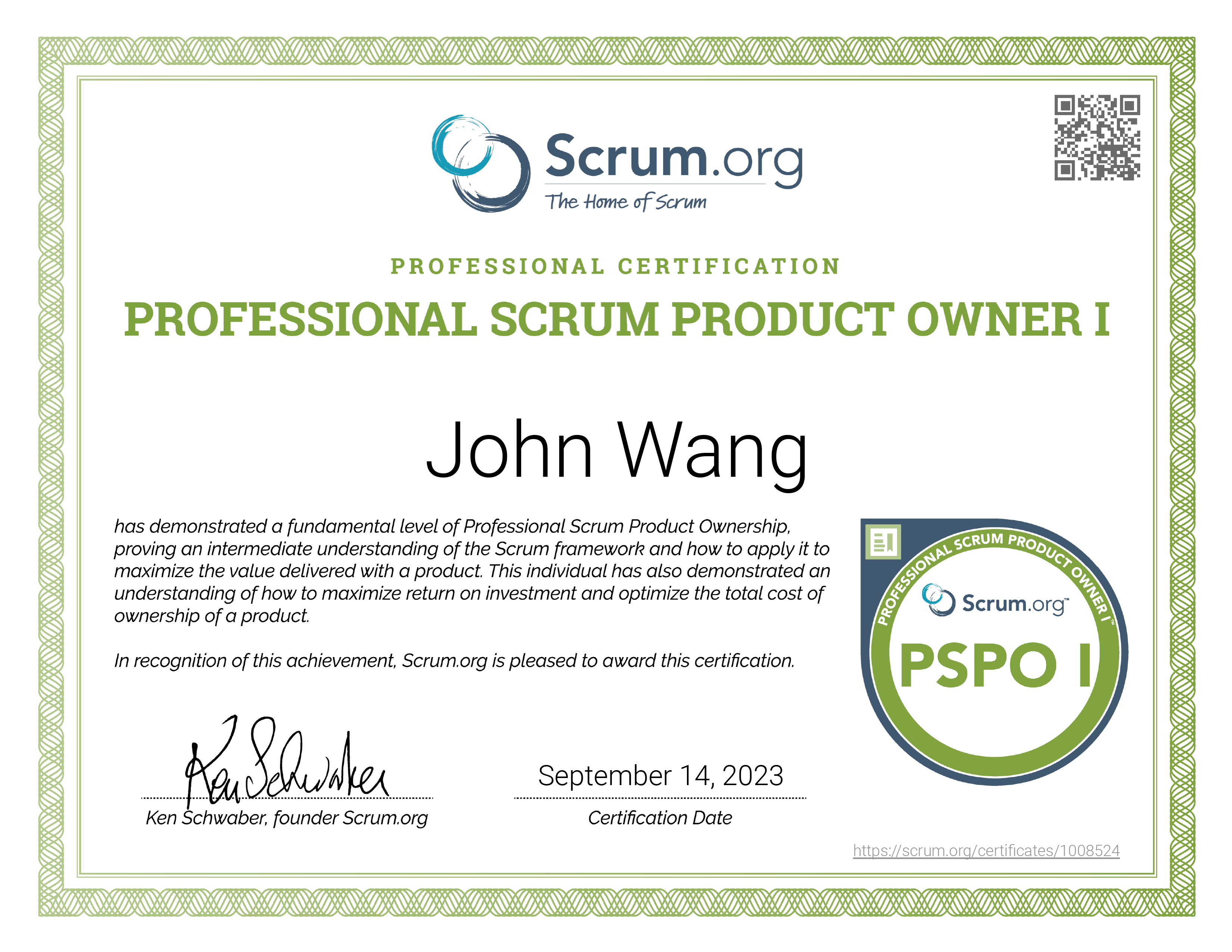 John's Professional Scrum Product Owner I (PSPO I) from Scrum.org