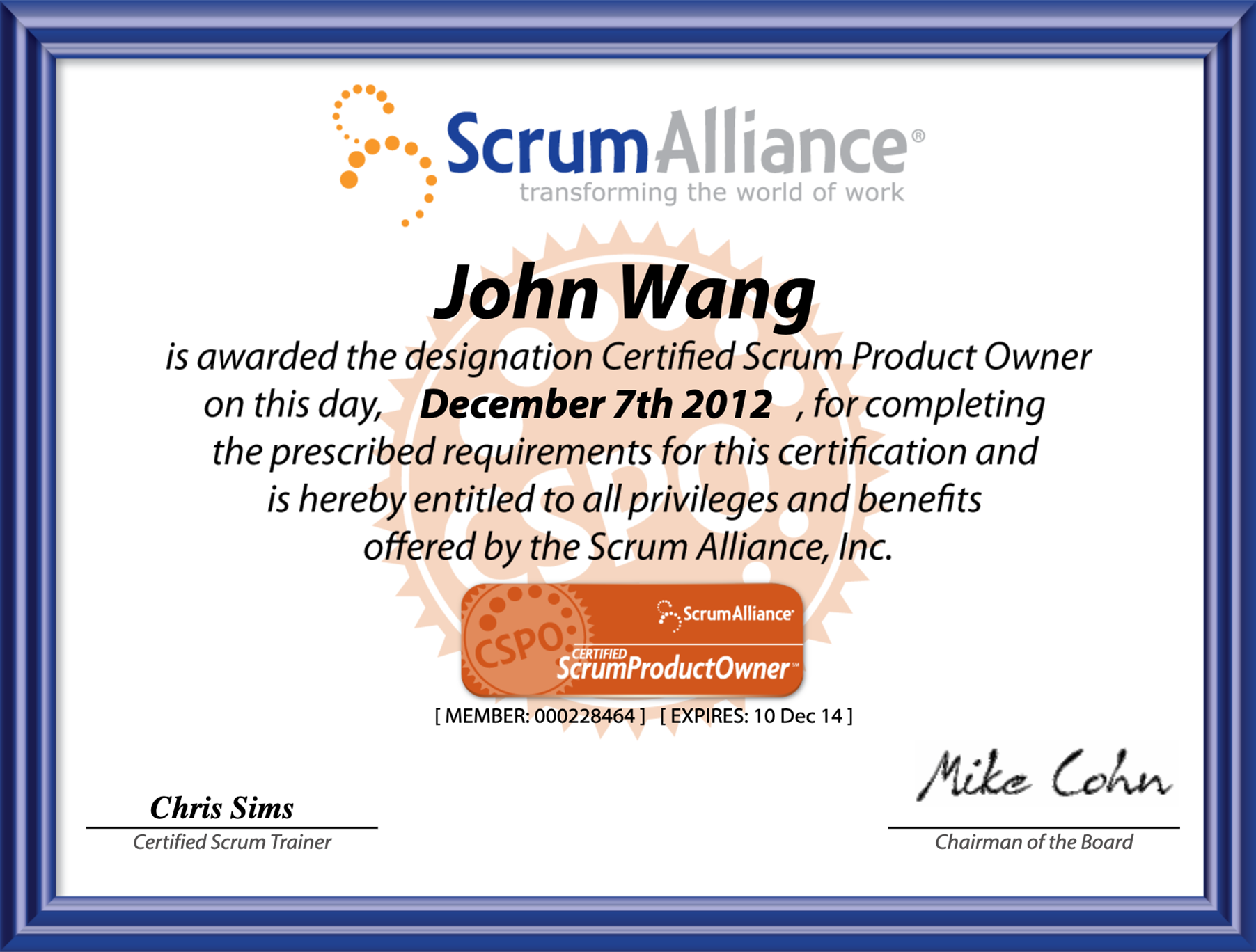 John's Certified Scrum Product Owner (CSPO) from Scrum Alliance
