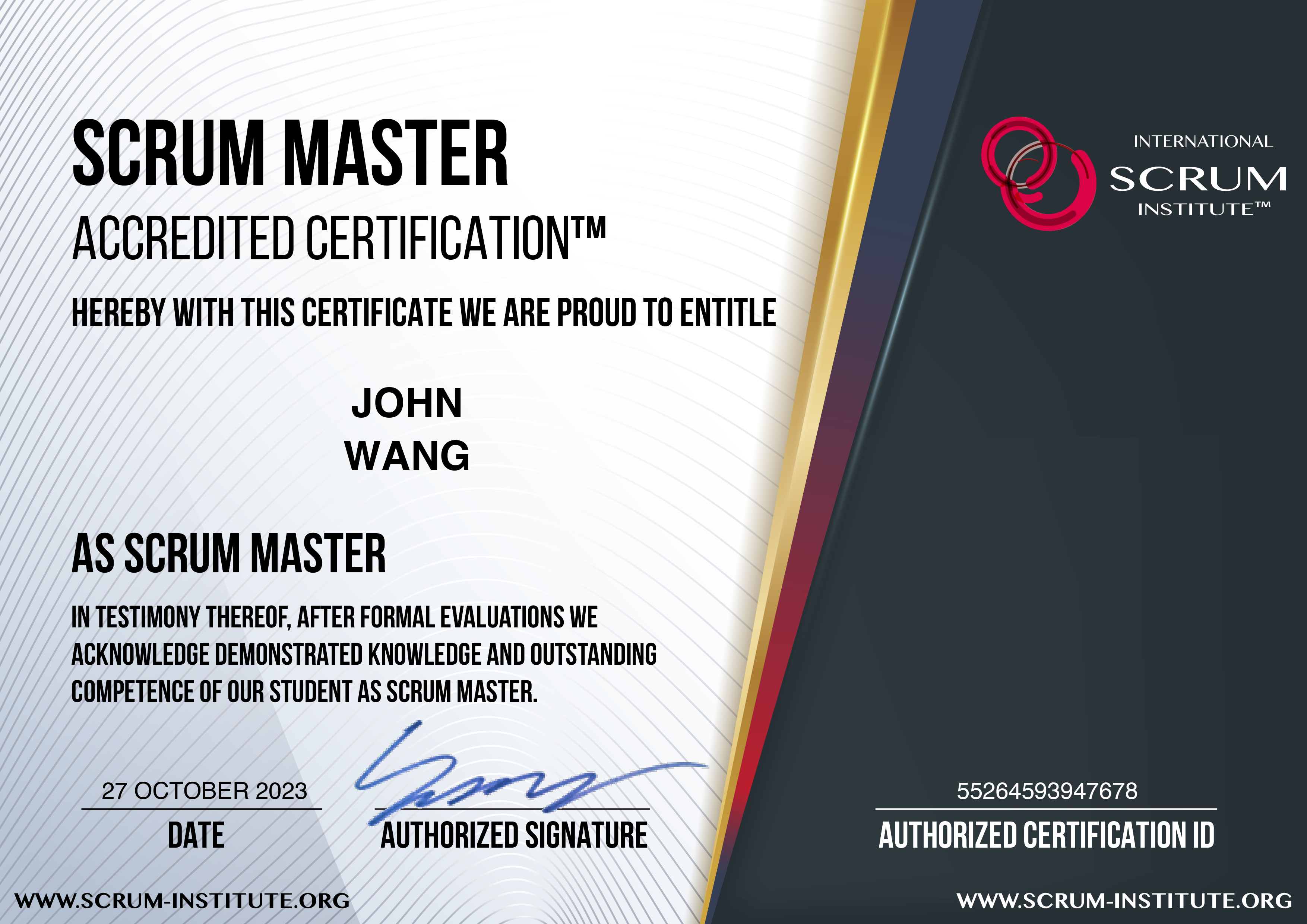 John's Scrum Master Accredited Certification (SMAC) from Scrum Institute