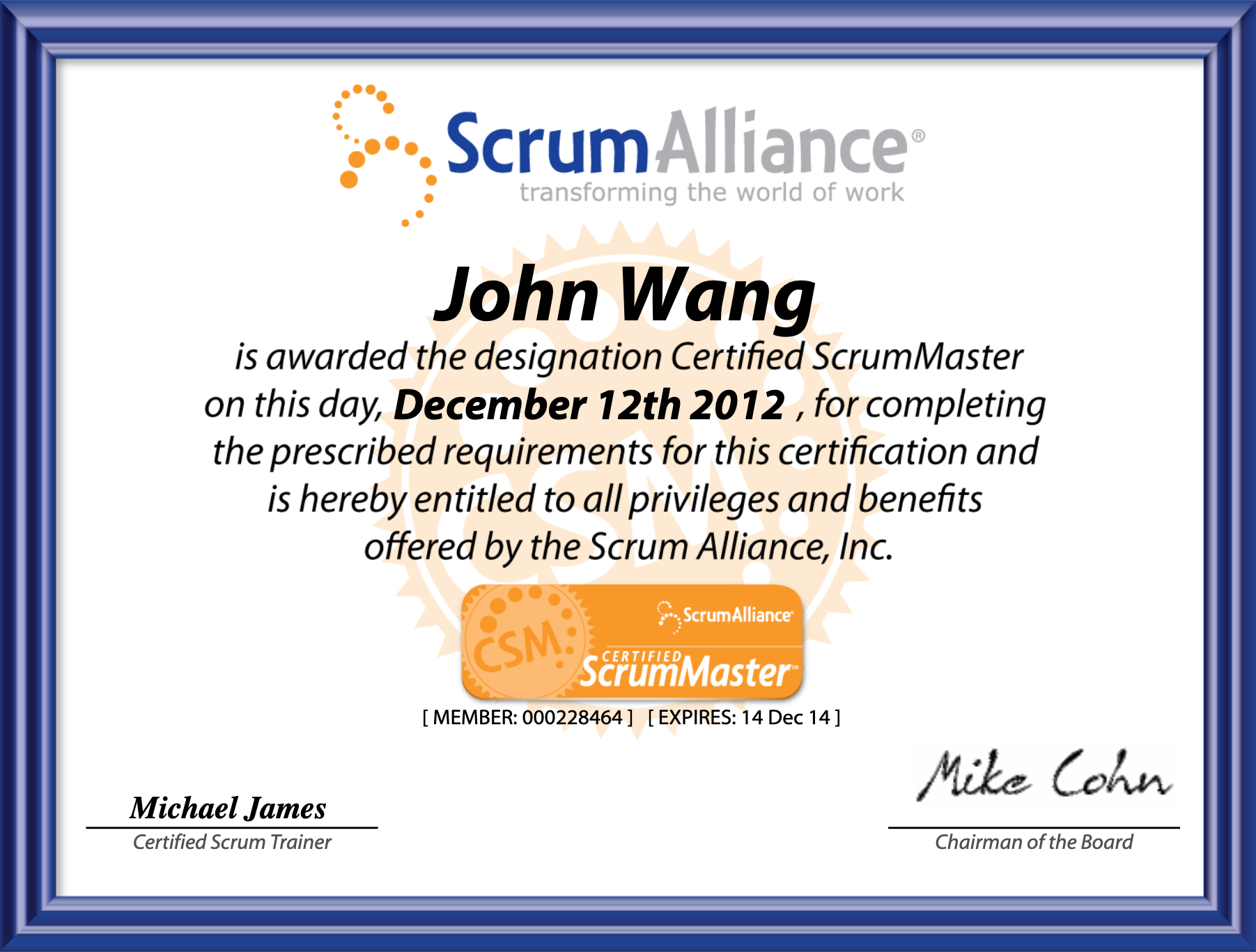 John's Certified ScrumMaster (CSM) from Scrum Alliance